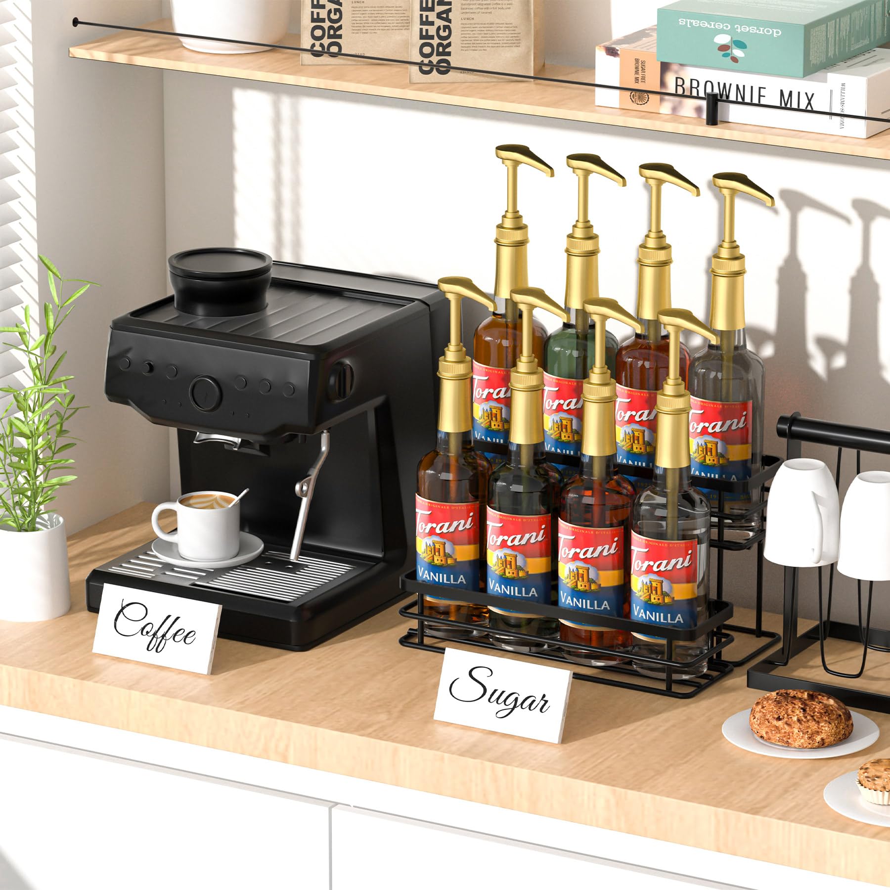 2-Tier Coffee Syrup Organizer Rack - Spice & Seasoning Storage for Kitchen Cabinet, Countertop, Pantry - Compact Wine Rack for Home - Perfect for Coffee Bars, Breakfast Nooks & Small Kitchen Organization (Black)