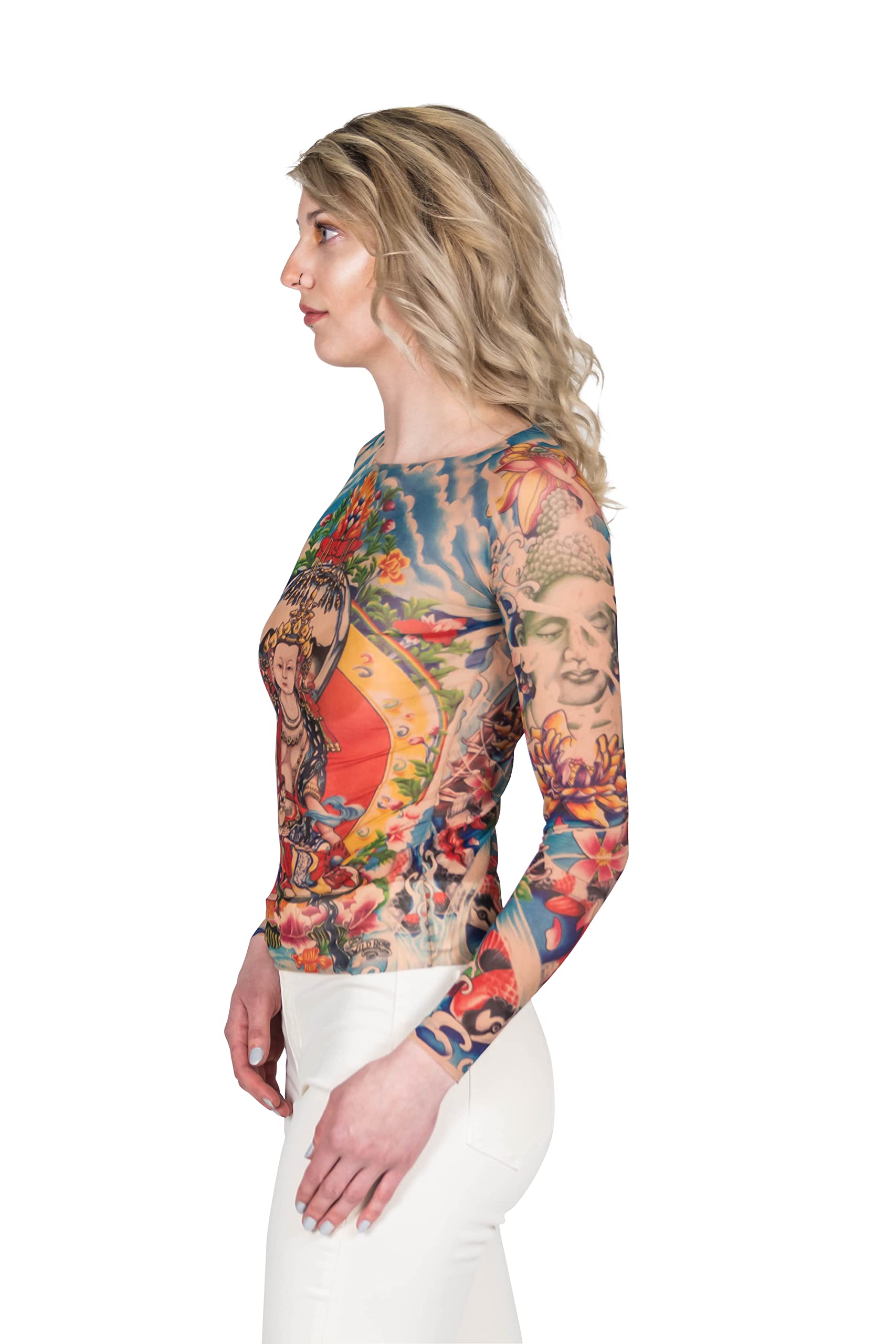 Wild Rose Women's Prayer Buddha Yoga Meditation Lotus Koi Zen Blue Tattoo Print Mesh Shirt - Perfect for Yoga, Meditation, and Spiritual Retreats