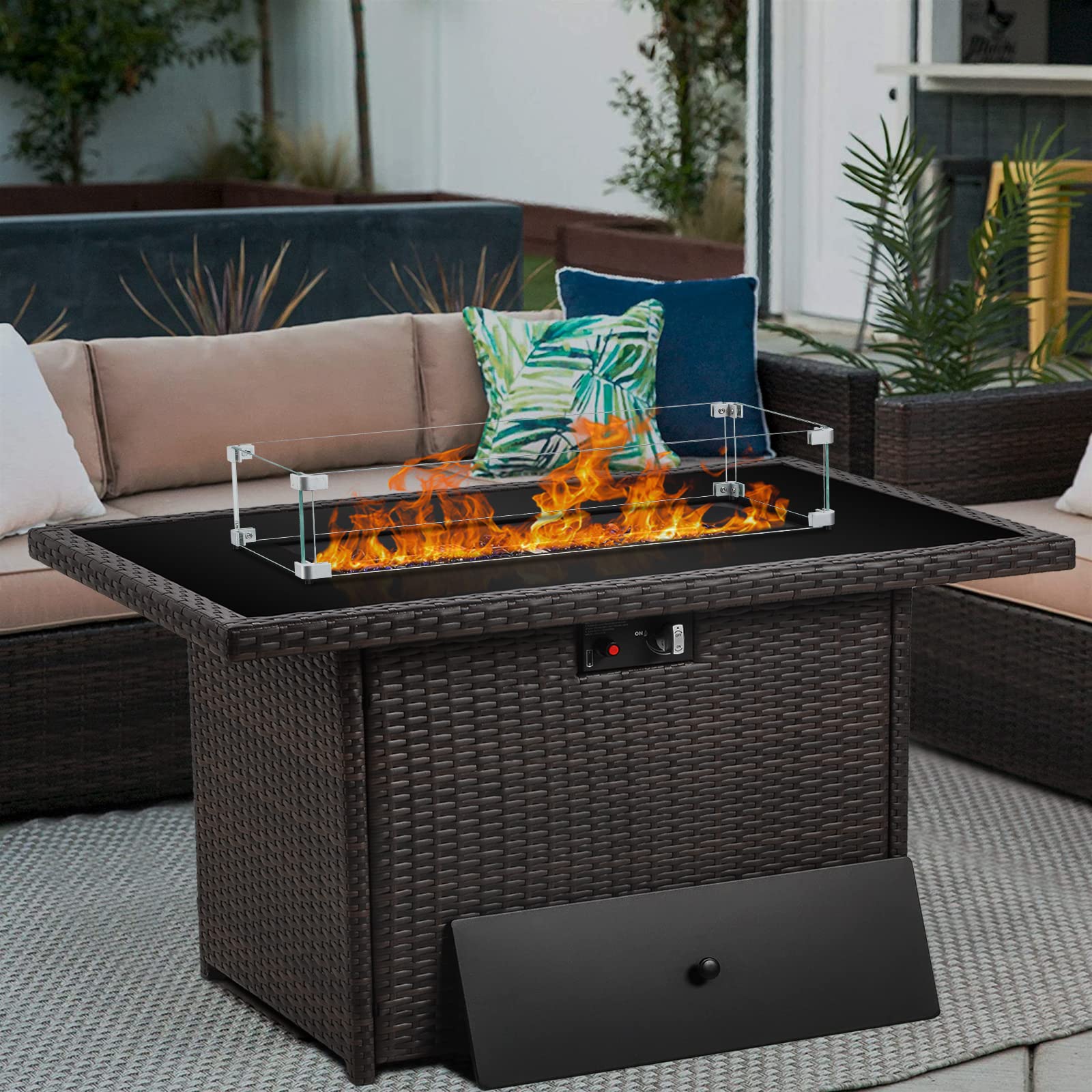 44 Inch 55000 BTU Outdoor Propane Fire Pit Table with Glass Wind Guard - Rectangular Patio Heater for Deck, Backyard, Garden (Brown Glass Top) | Perfect for Outdoor Entertaining, Camping & Cozy Nights