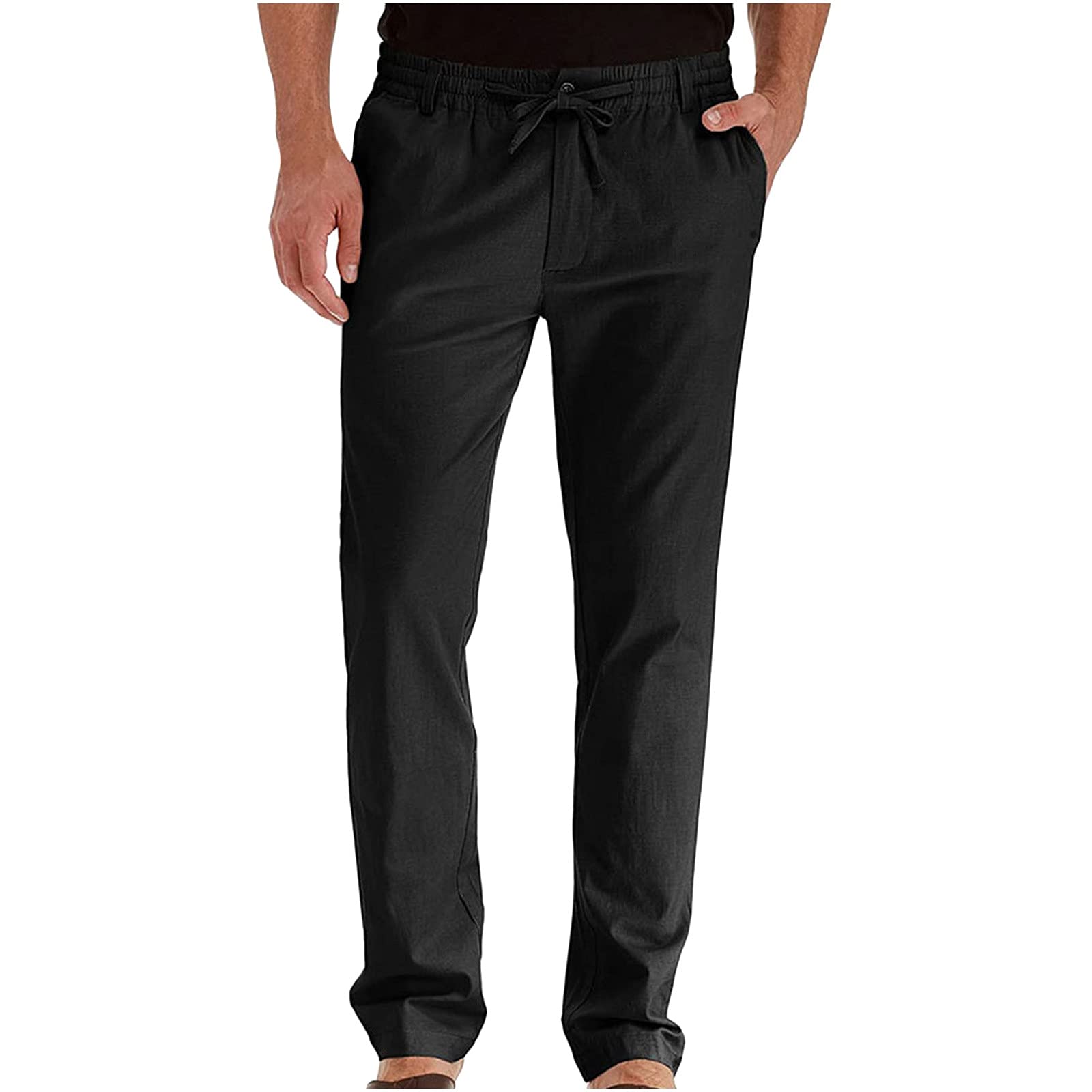 Happy Men's Casual Pants - Solid Color Elastic Waist Dress Trousers with Drawstring & Pockets | Business, Work, Office & Travel Wear for Professionals