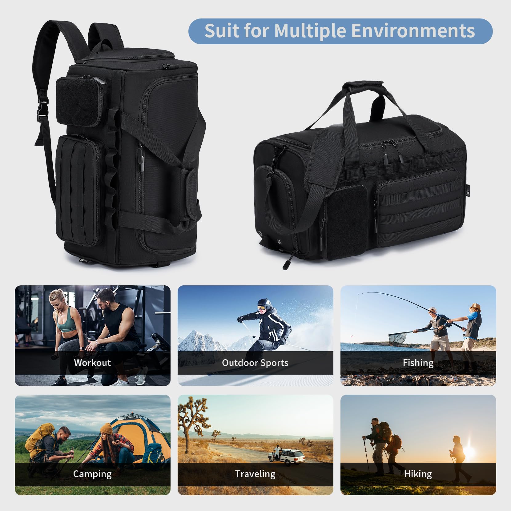 **Men's Tactical Duffle Bag - 3-in-1 Gym, Sports & Travel Backpack with Shoe Compartment & Wet Pocket - Military Style Weekender Overnight Bag (Black) - Perfect for Workouts, Travel & Outdoor Adventures**