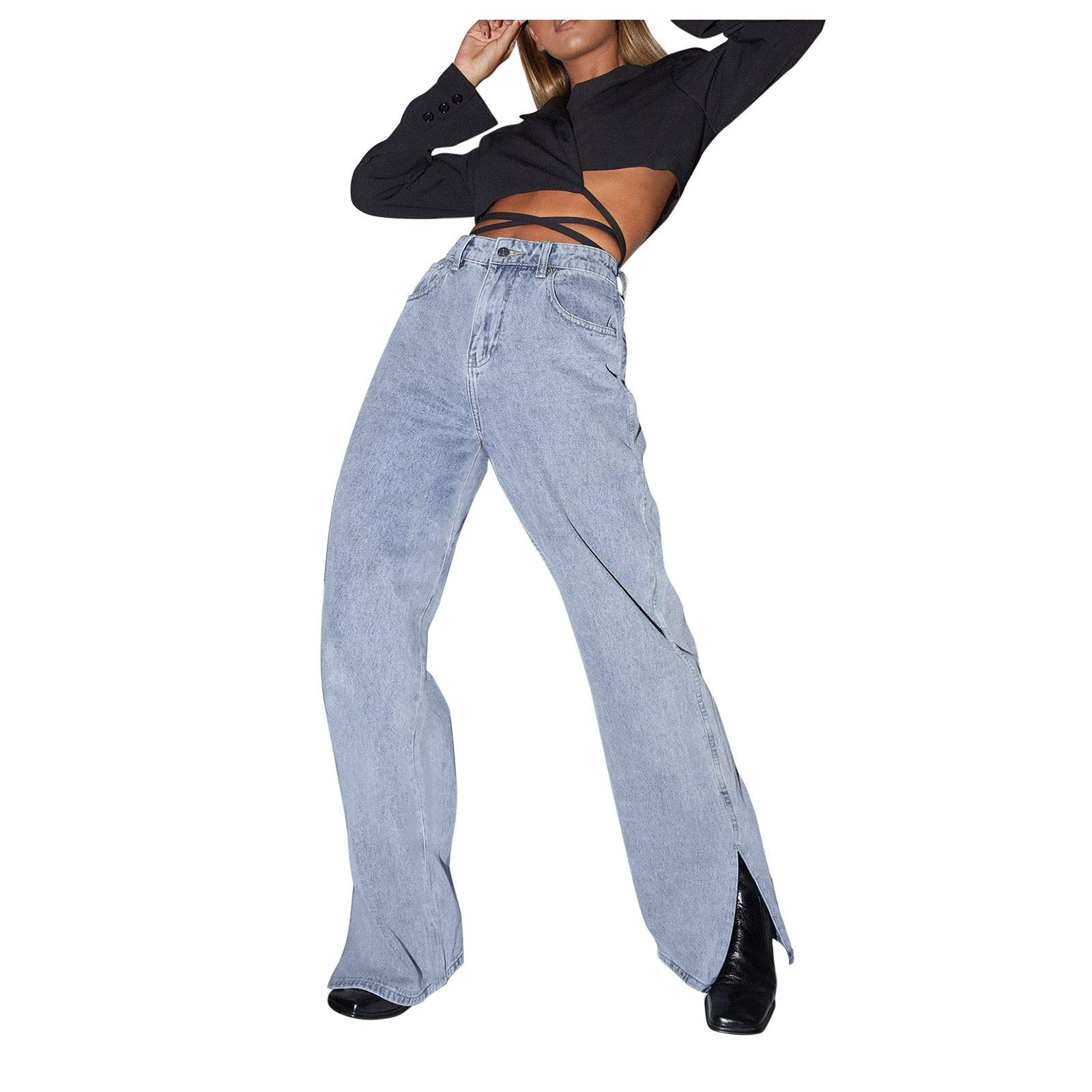 Women's High Waist Slim Fit Gradient Washed Jeans with Side Slits - Stylish Solid Color Denim Pants for Casual Wear & Everyday Outfits