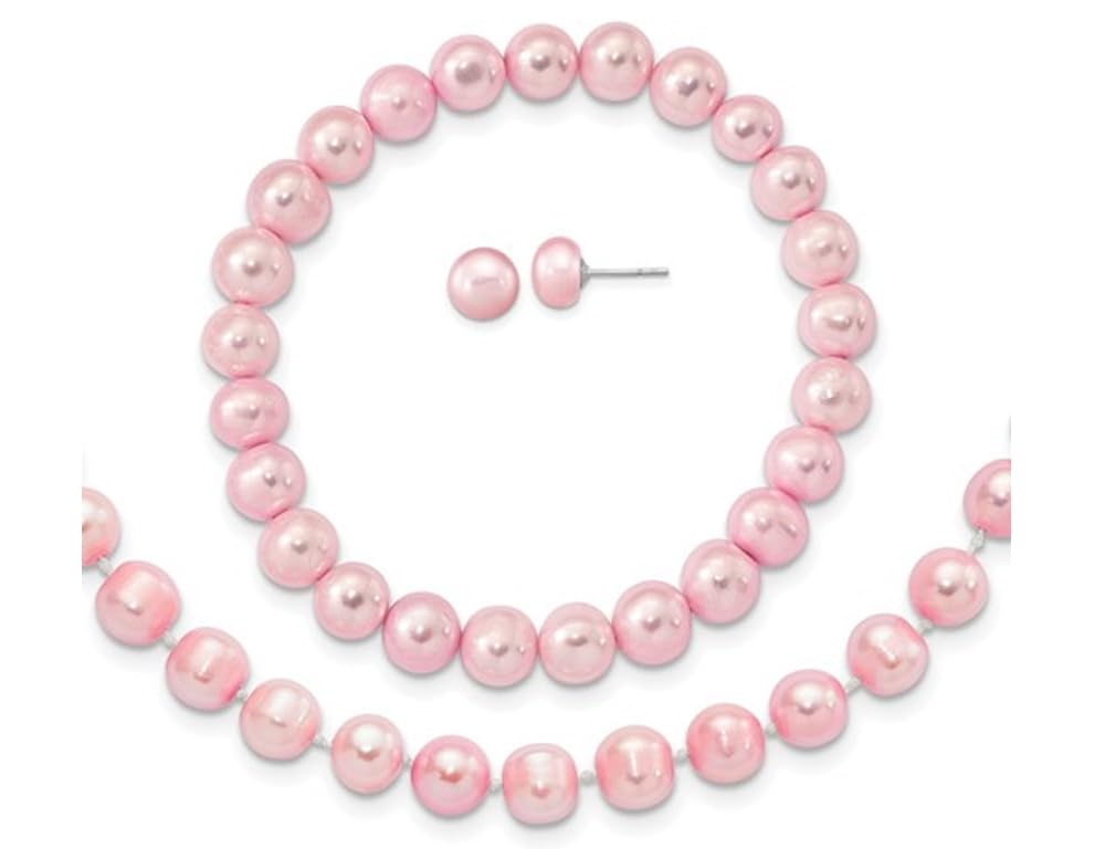 7-8mm Freshwater Cultured Pink Pearl Jewelry Set - Sterling Silver Earrings, Bracelet & Necklace for Women - Perfect for Weddings, Parties & Special Occasions