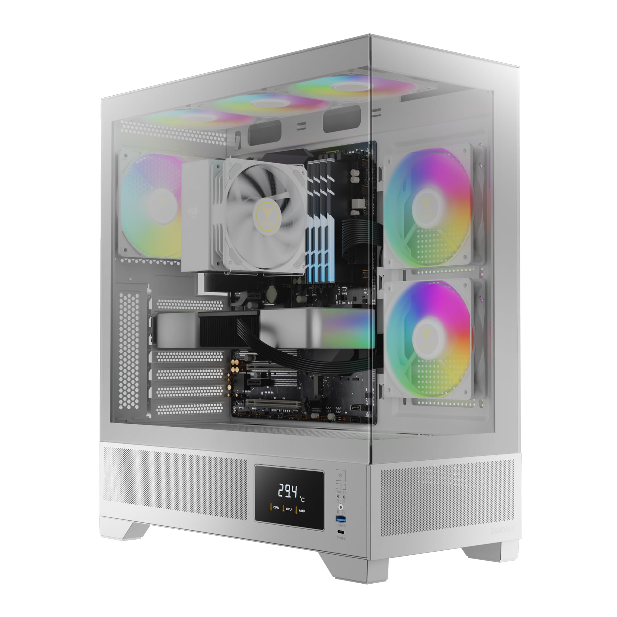 GAMDIAS White Mid Tower ATX Gaming PC Case with Tempered Glass Side Panel & LED Display - Built-in 3x120mm ARGB PWM Fans, Supports RTX GPU (410mm) & 360mm AIO Radiator - Perfect for High-Performance Gaming Rigs & Streaming Setups
