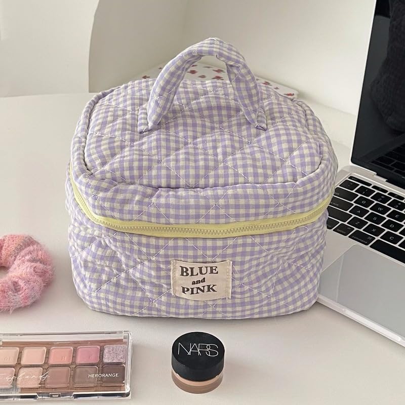 Quilted Floral Makeup Bag for Women - Large Cotton Cosmetic Organizer with Checkered Design, Travel Toiletry Bag for Girls & Women (Purple) - Perfect for Travel, Gym, and Everyday Use