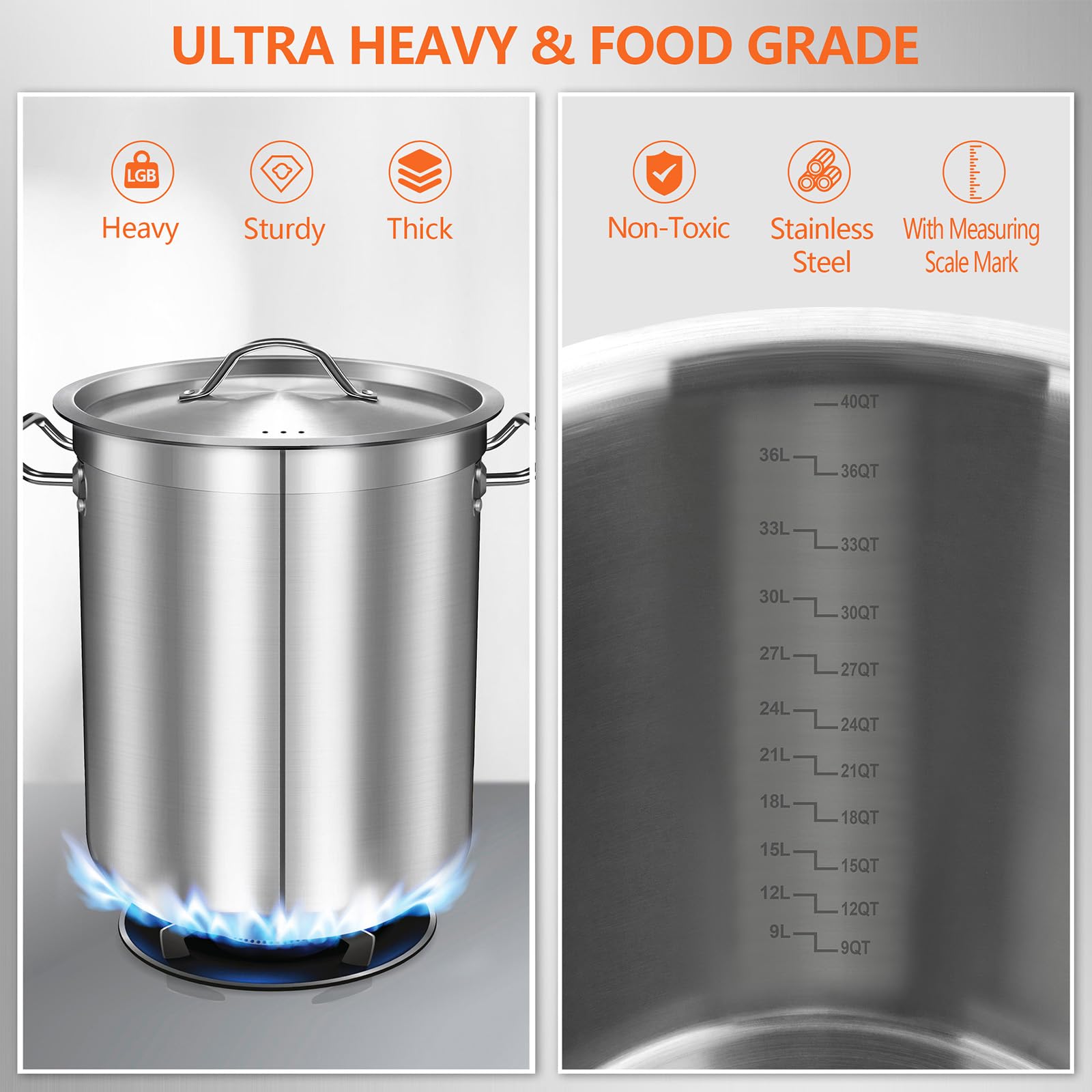 40 Quart Stainless Steel Stock Pot with Lid - Heavy Duty Large Cooking Pot for Soup, Stew, Pozole & More - Induction Compatible Big Pot for Home & Commercial Kitchens - Perfect for Family Meals, Meal Prep & Catering