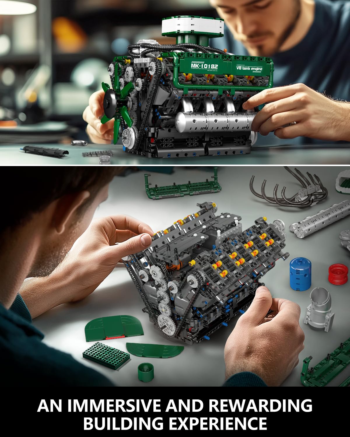 Mould King 10182 V8 Engine Building Blocks Set - 2250+ Pieces MOC Tank Engine Model Kit with Battery & Motor, Collectible 8-Cylinder Combustion Car Engine Toy for Adults & Kids | STEM Educational Toy, DIY Engineering Project, Gift for Car Enthusiasts