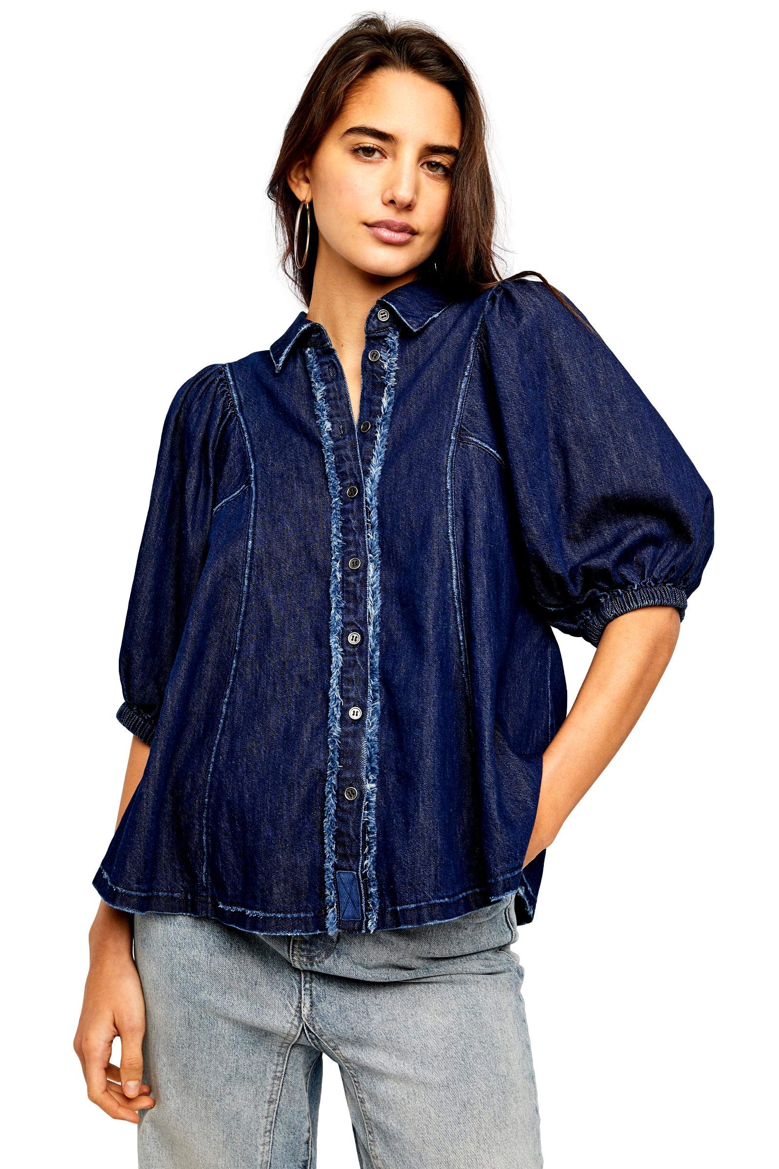 Free People Suhrie Denim Top for Women - Vintage Washed Button-Up Shirt with Roll-Up Sleeves | Perfect for Casual Outings, Music Festivals & Boho Style Outfits