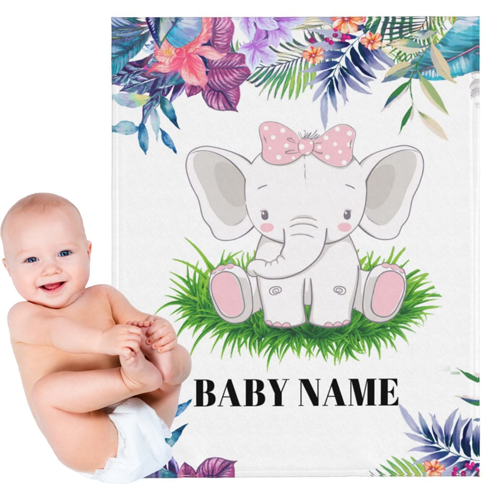 Personalized Baby Blankets with Name - Soft Monogrammed Swaddling Blankets for Newborn Boys & Girls - Custom Elephant Design Baby Shower Gift - Perfect for Nursery, Christening & First Birthday Presents