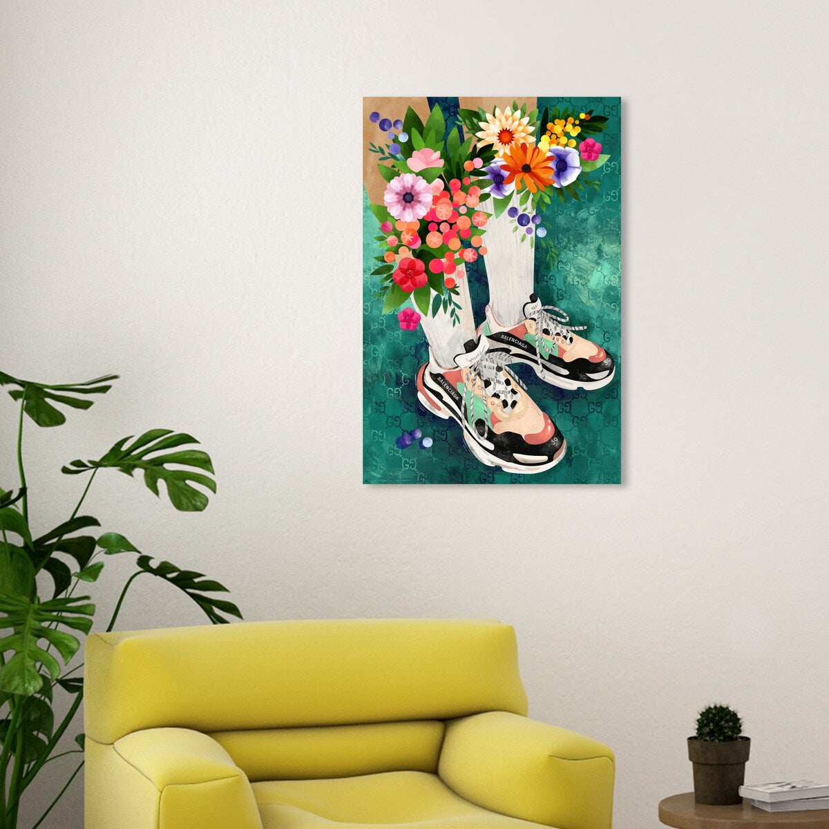 Stylish Floral Sneakers & Socks Set with Modern Green Canvas Wall Art Print - Perfect for Bedroom Decor and Casual Outfits