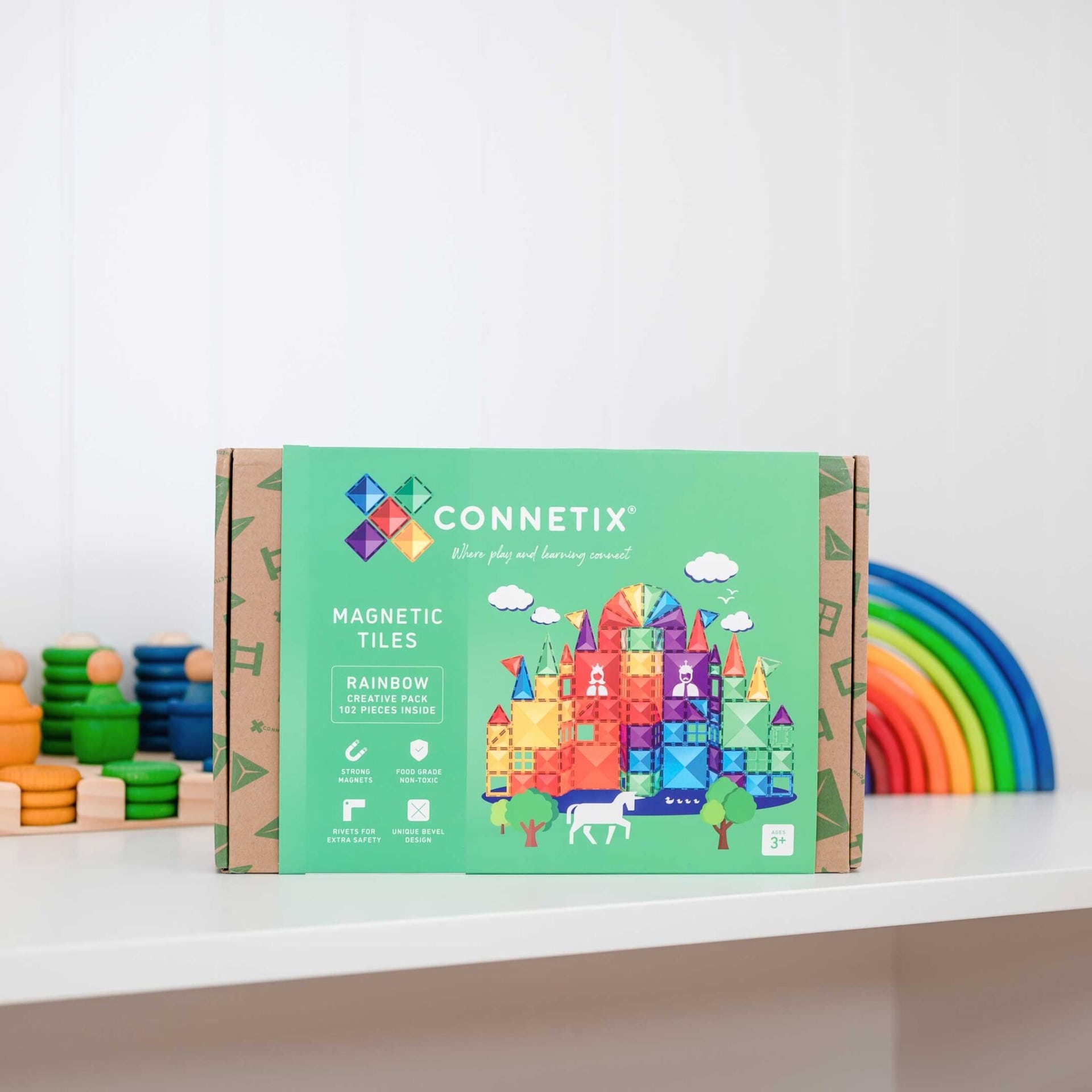 Connetix 102-Piece Magnetic Tiles Set - Rainbow Building Blocks for Kids STEM Learning | Creative Construction Toys for Preschool & Classroom Educational Play