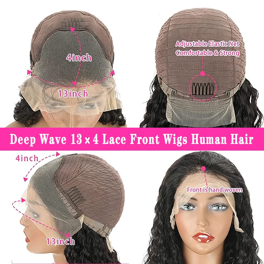 28 Inch Lace Front Human Hair Wig - Deep Wave 180% Density Glueless Natural Curly Black Wig with Medium Cap Size & Full Coverage (Clips/Combs Attachment) for Everyday Wear, Parties, Cosplay & Special Occasions
