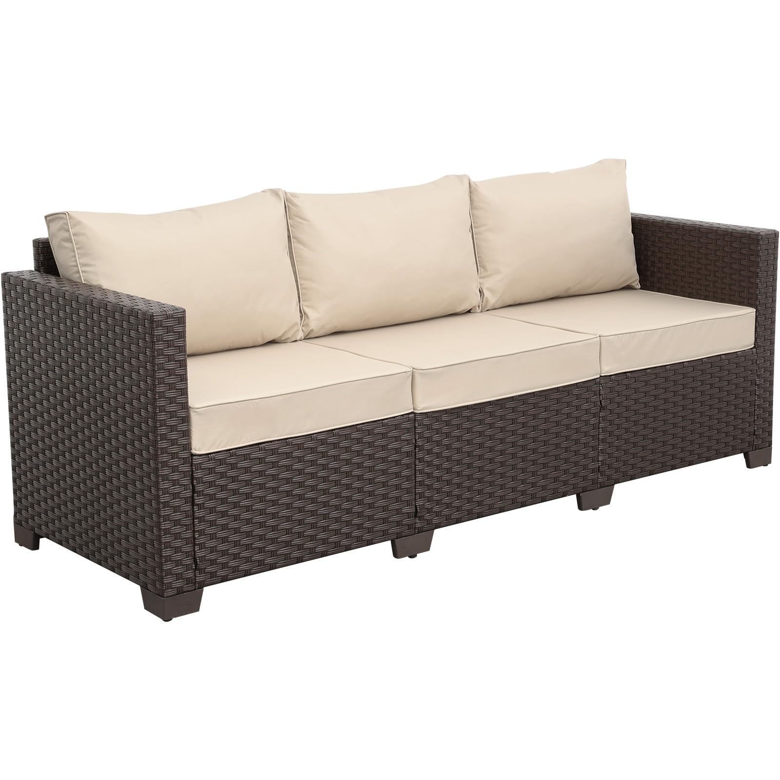 Premium 3-Seat Rattan Patio Sofa Set - Waterproof Wicker Outdoor Furniture with Deep Seat, High Backrest & Anti-Slip Cushions (Khaki) - Perfect for Garden, Poolside, and Backyard Relaxation