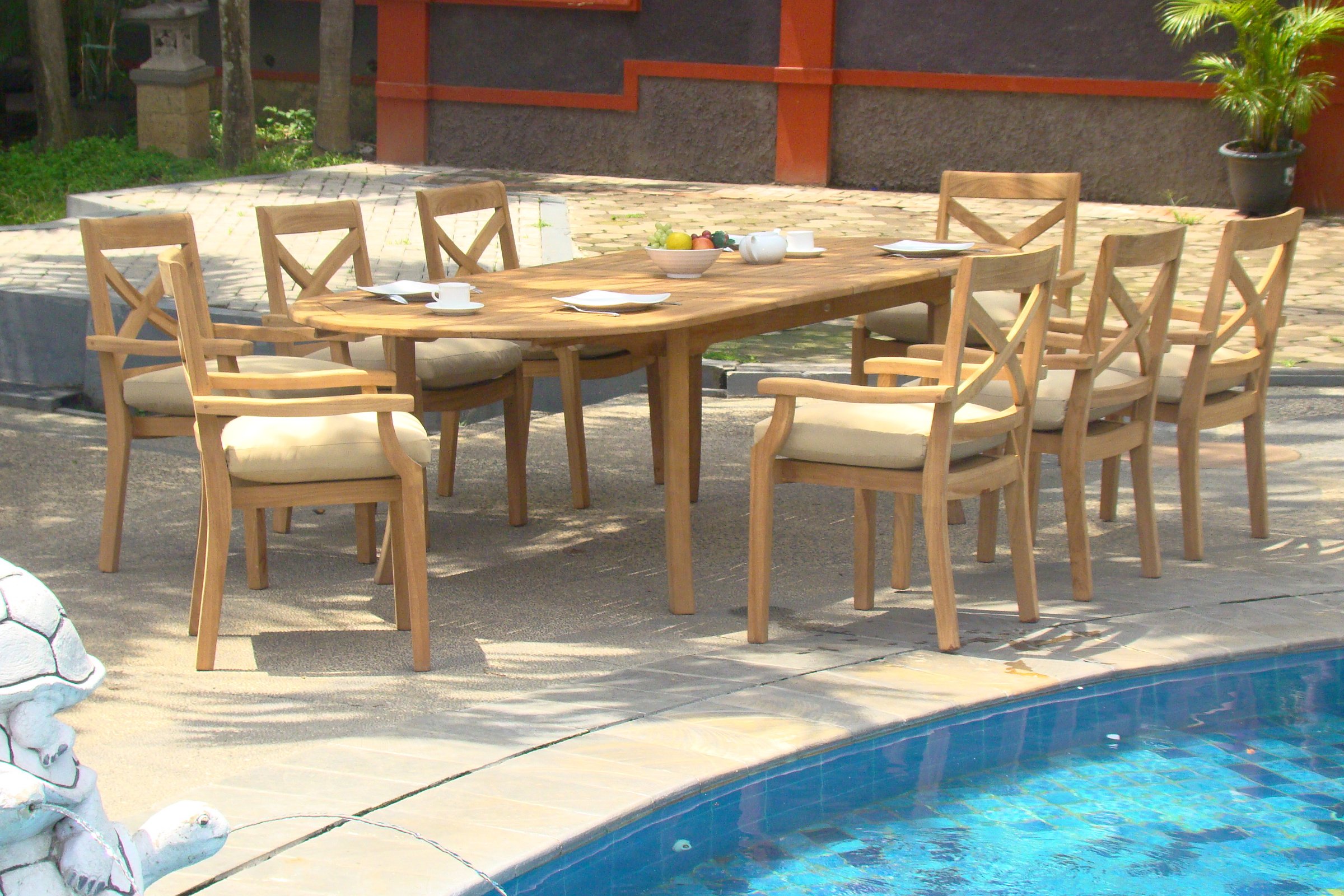 Premium 9-Piece Teak Wood Dining Set with 94-Inch Oval Table & 8 Stackable Granada Arm Chairs - Grade-A Luxury Outdoor Furniture for Patio, Garden, and Backyard Entertaining
