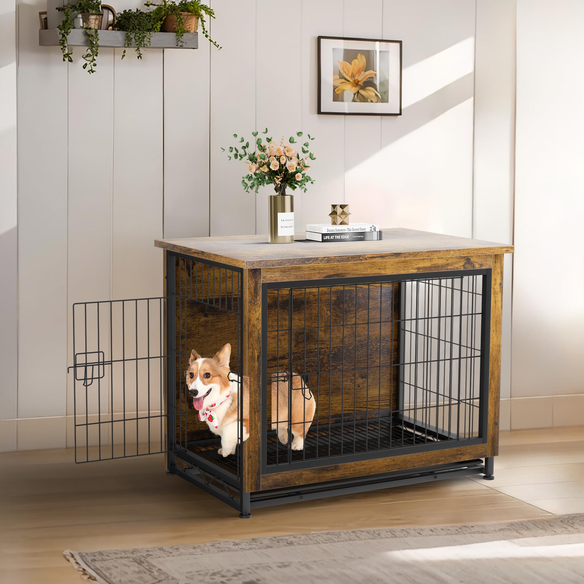 JY QAQA Wooden Dog Crate Furniture with Double Doors - Indoor Kennel & Stylish Pet Cage for Small to Medium Dogs - Perfect for Living Room, Bedroom, or Home Office (Brown)
