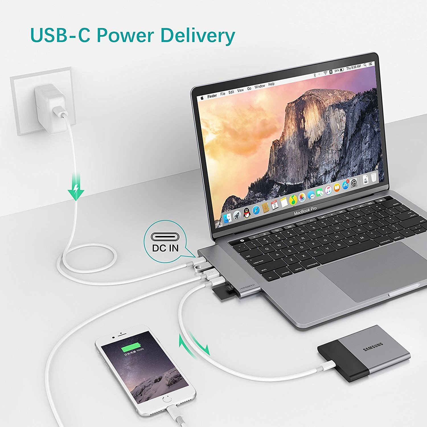 HomeSpot Aluminum USB C Hub for MacBook Pro & Air - 4K HDMI, USB 3.1, USB-C Data 50Gbps, SD/Micro Card Reader - Perfect for Home Office, Travel & Multi-Screen Setup