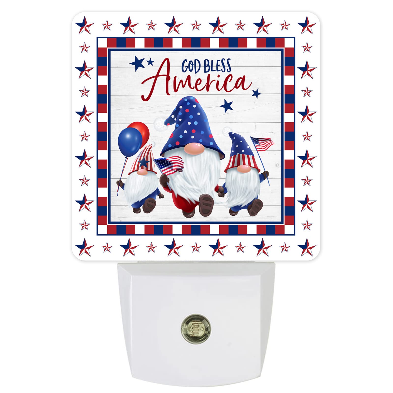 LED Night Light Plug in with Auto Sensor - Red & Blue Striped Gnome Design for Kids, Bedroom, Bathroom & Kitchen | Dimmable Wall Plug Night Lamp for Home Decor & Safety (4th of July Theme)