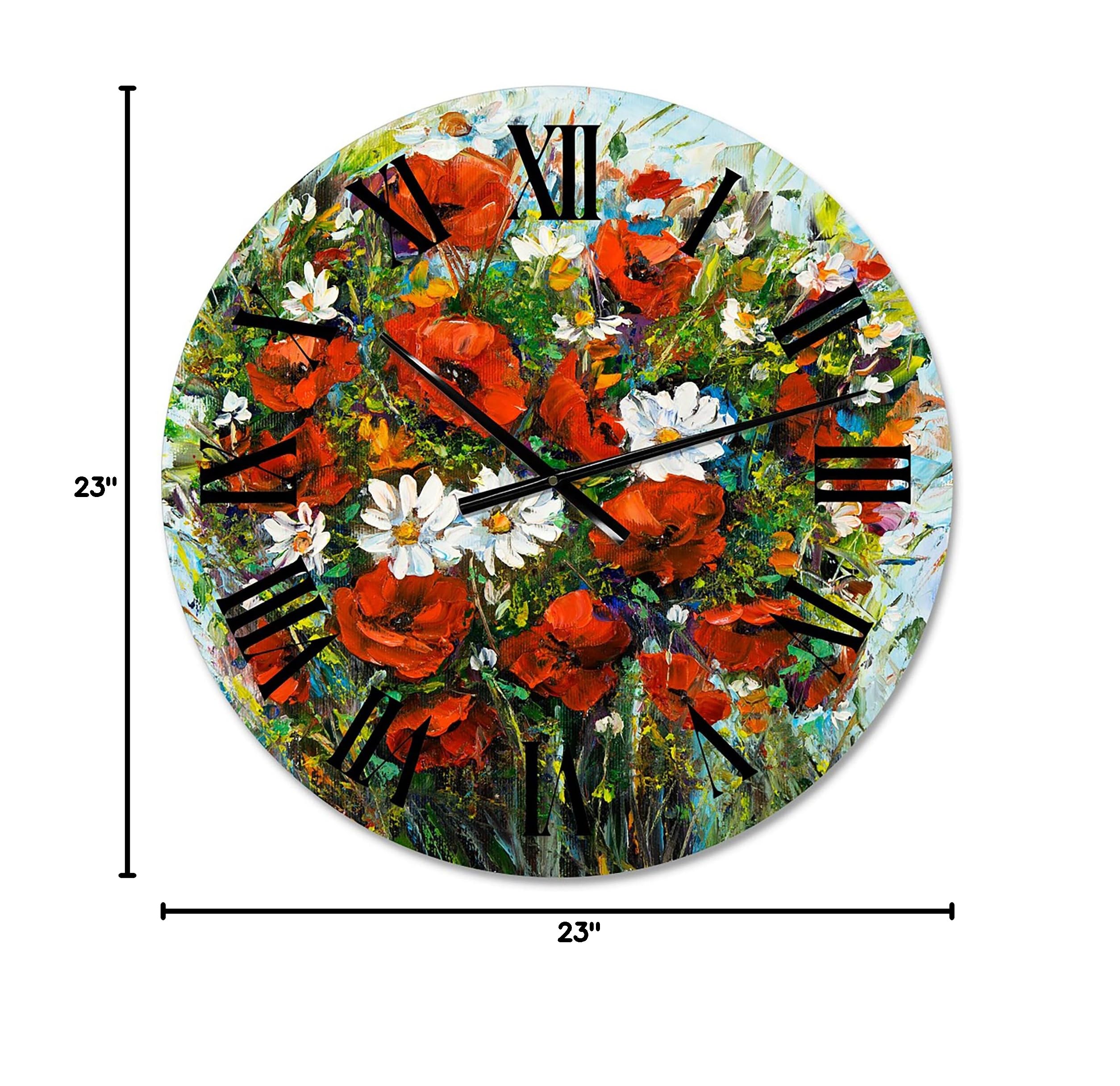 Large Floral Wall Clock - Bouquet of Red & White Wildflowers - Traditional Home Decor Clock - Perfect for Living Room, Bedroom & Office Décor