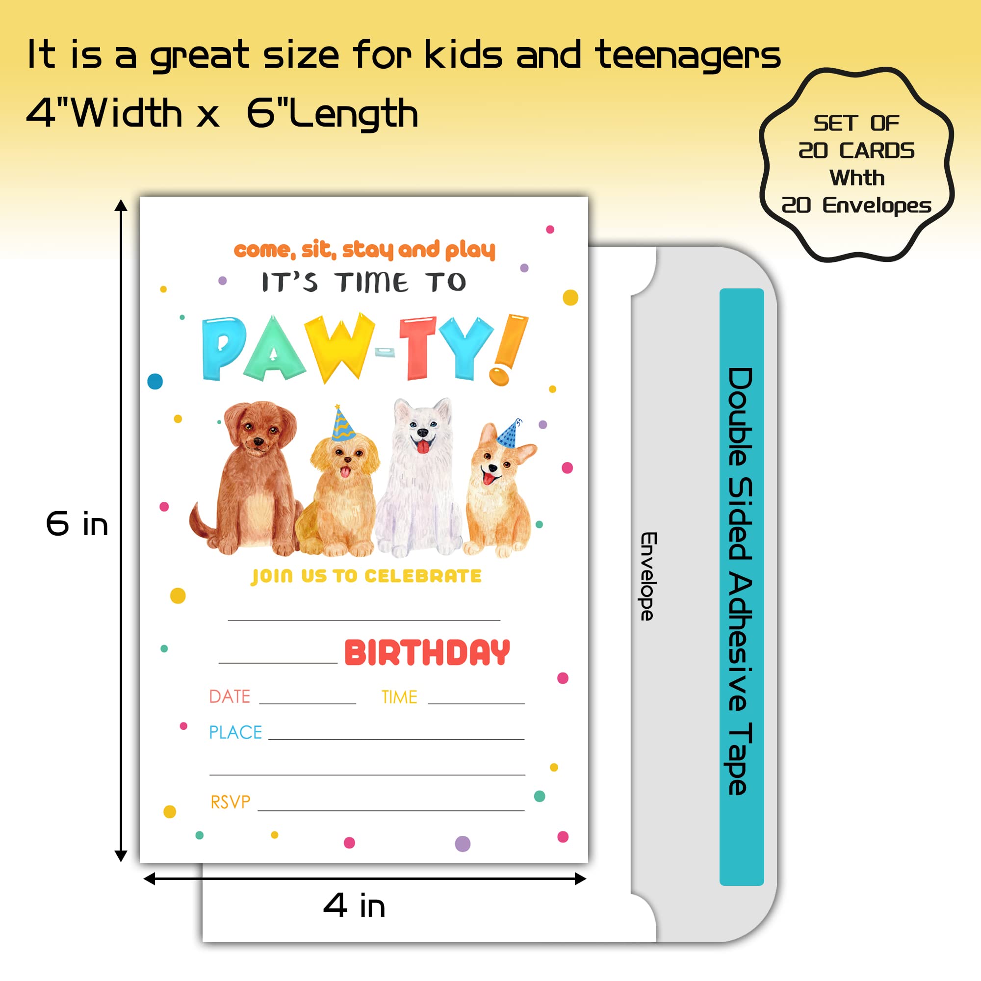Puppy Dog Birthday Party Invitations - 20 Count Cute Puppy Paw Print Invite Cards with Envelopes for Boys & Girls - Perfect for Kids Birthday Celebrations, Puppy Themed Parties & Special Occasions
