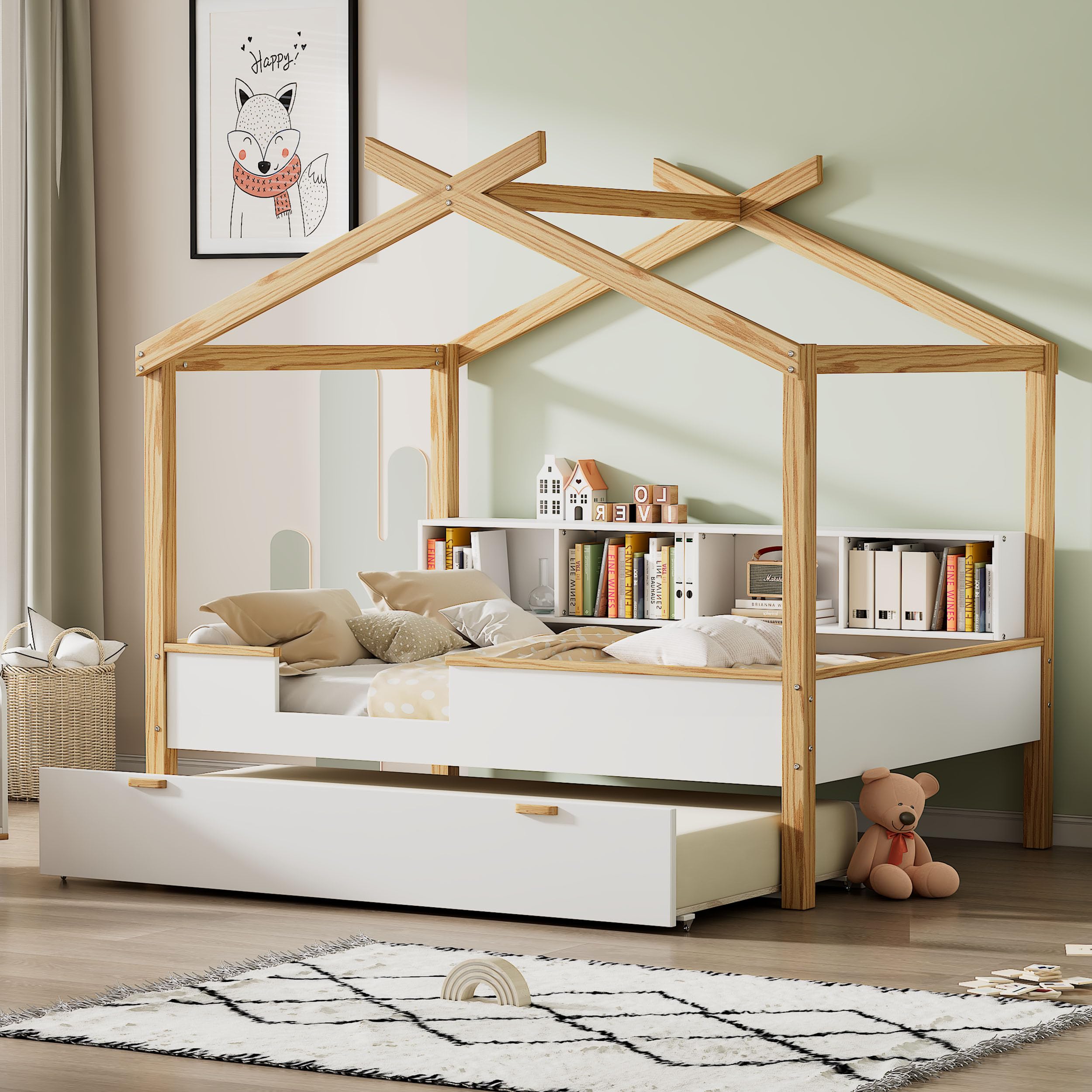 Natural Wood Kids Trundle Bed with Bookshelf - Montessori Toddler House Bed for Boys & Girls, Full Size White Children's Bed - Perfect for Small Bedrooms, Playrooms & Montessori Learning Spaces