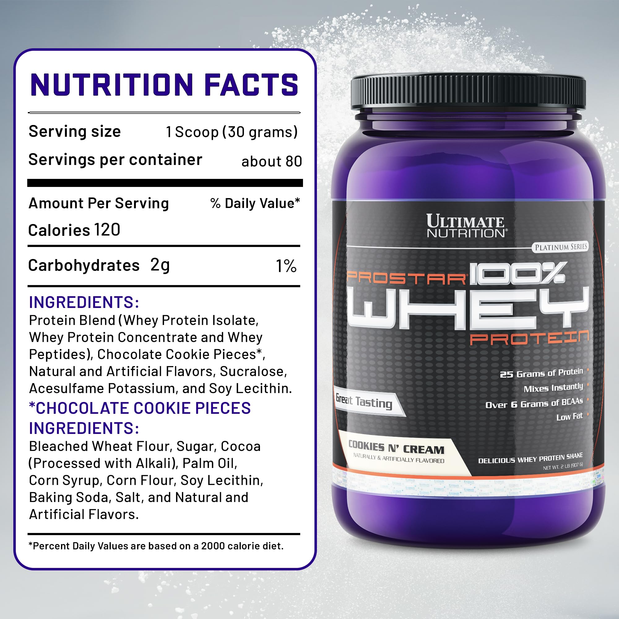 Ultimate Nutrition Prostar Whey Protein Powder Isolate - Cookies & Cream Flavor | Low Carb, High Protein Shake for Muscle Gain & Recovery | Low Sodium, Keto Friendly, Fat Free | 2 lbs Tub | Perfect for Post-Workout & Meal Replacement