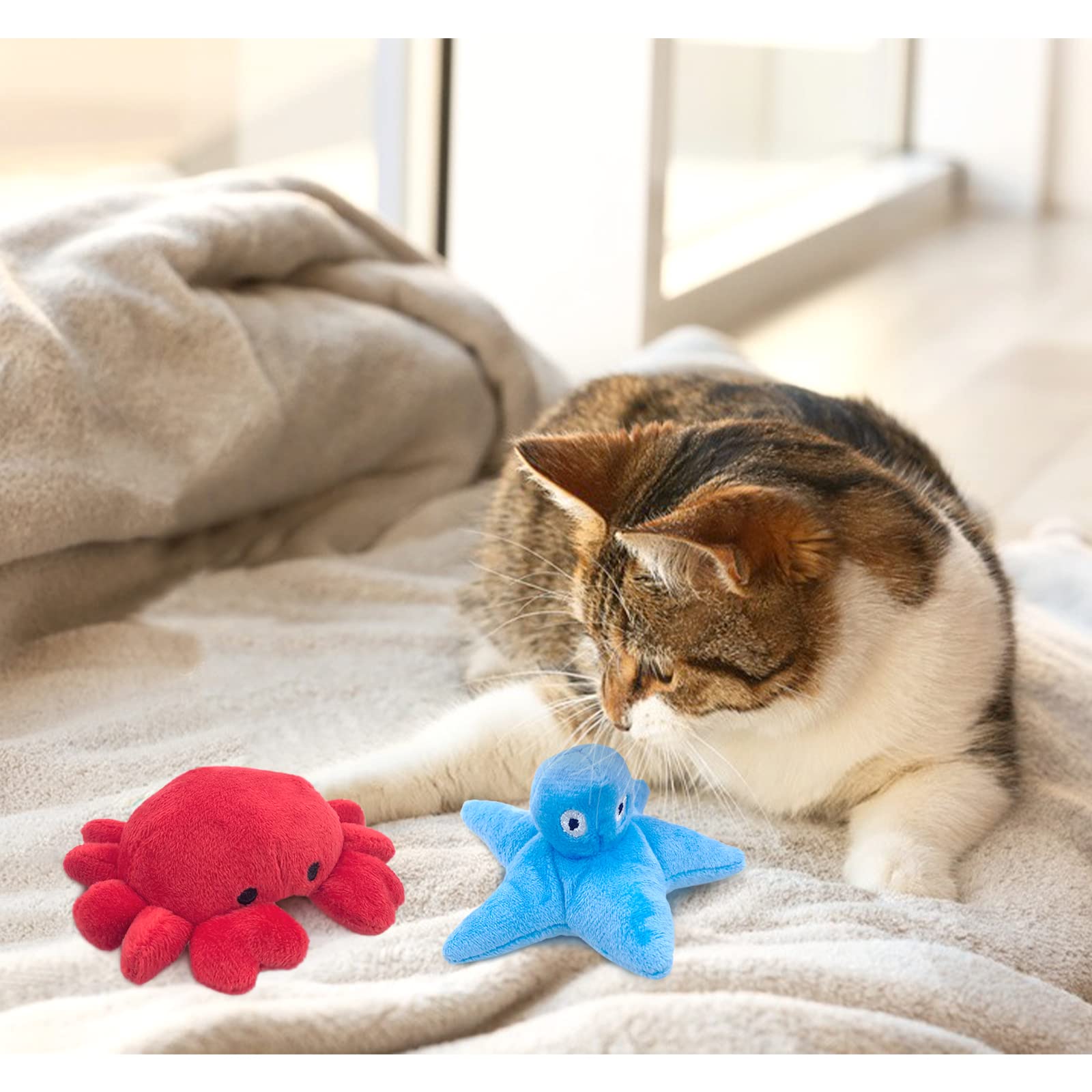 Andiker Catnip Toys for Indoor Cats - 2Pcs Soft Crab & Starfish Plush Cat Toys with Natural Catnip | PP Cotton Filled Chew Toys for Kittens | Perfect Gift for Cat Lovers & Interactive Play (Crab+Starfish) | Great for Playtime, Training & Stress Relief