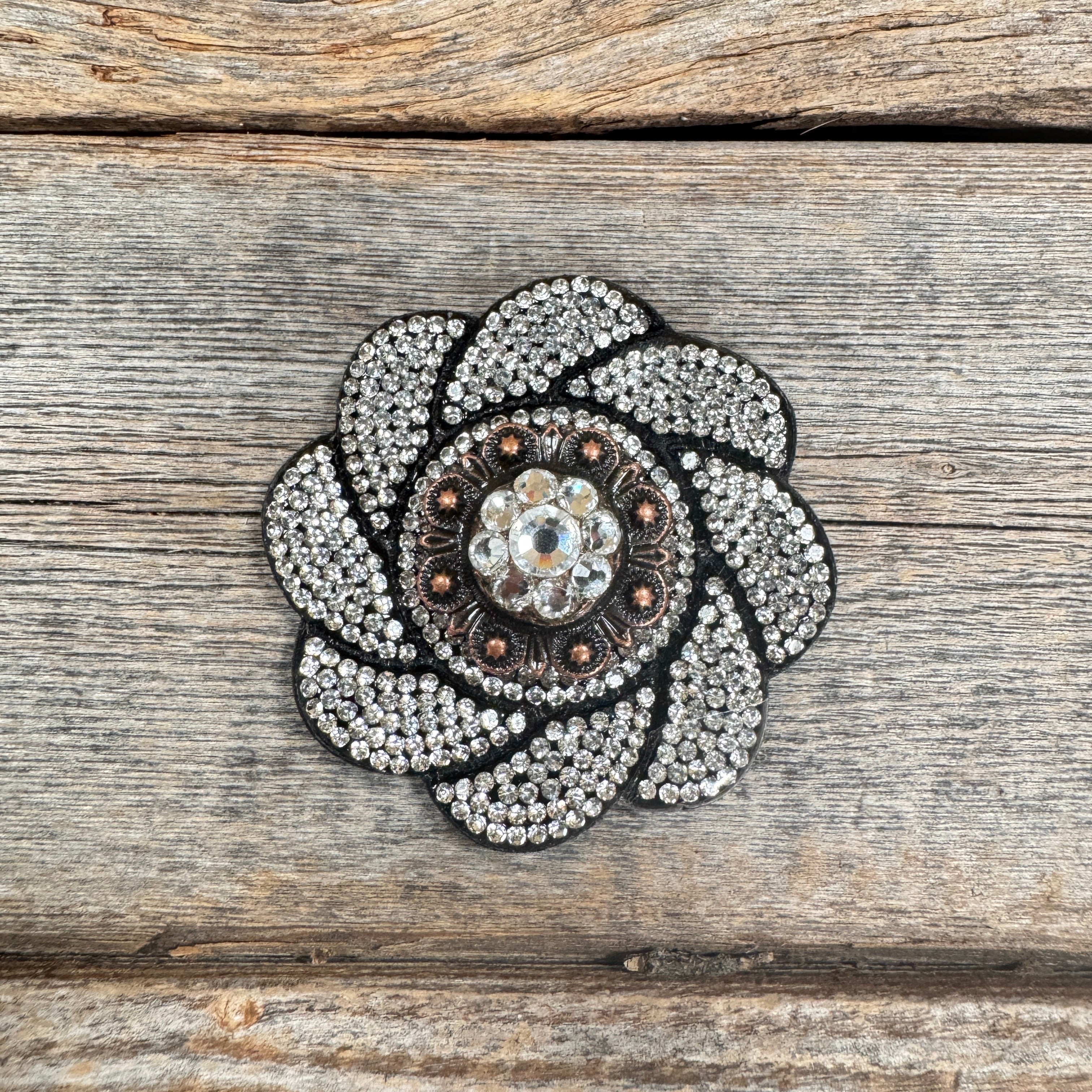 Black Rhinestone Flower Rosette Conchos for DIY Crafts, Clothing Embellishments, and Accessories - Perfect for Hats, Bags, and Costume Jewelry