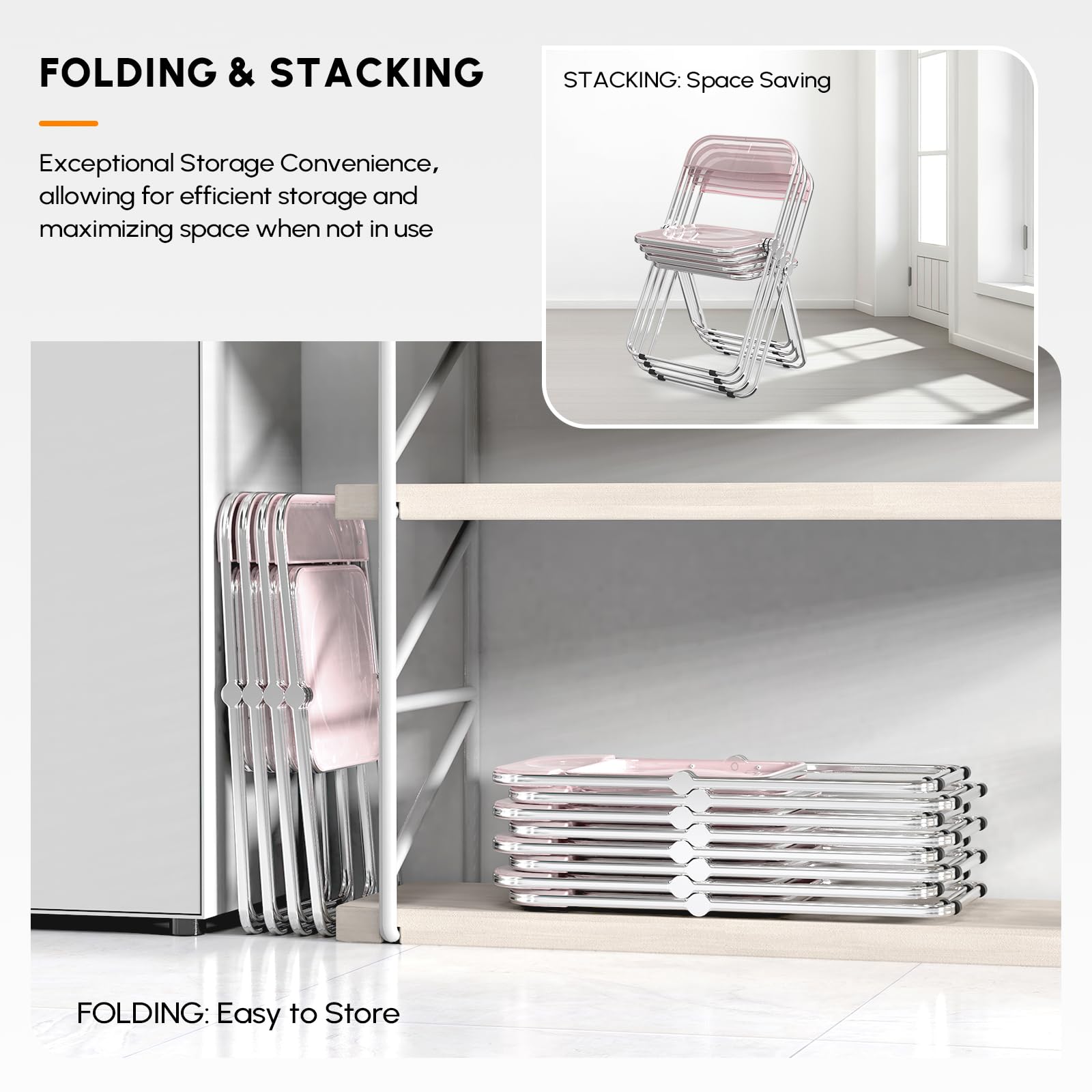 VINGLI 2 Pack Clear Acrylic Folding Chairs - Foldable Stackable Plastic Panel with Metal Chrome Frame - 350 lbs Weight Capacity - Pink - Perfect for Weddings, Parties, Events & Outdoor Gatherings