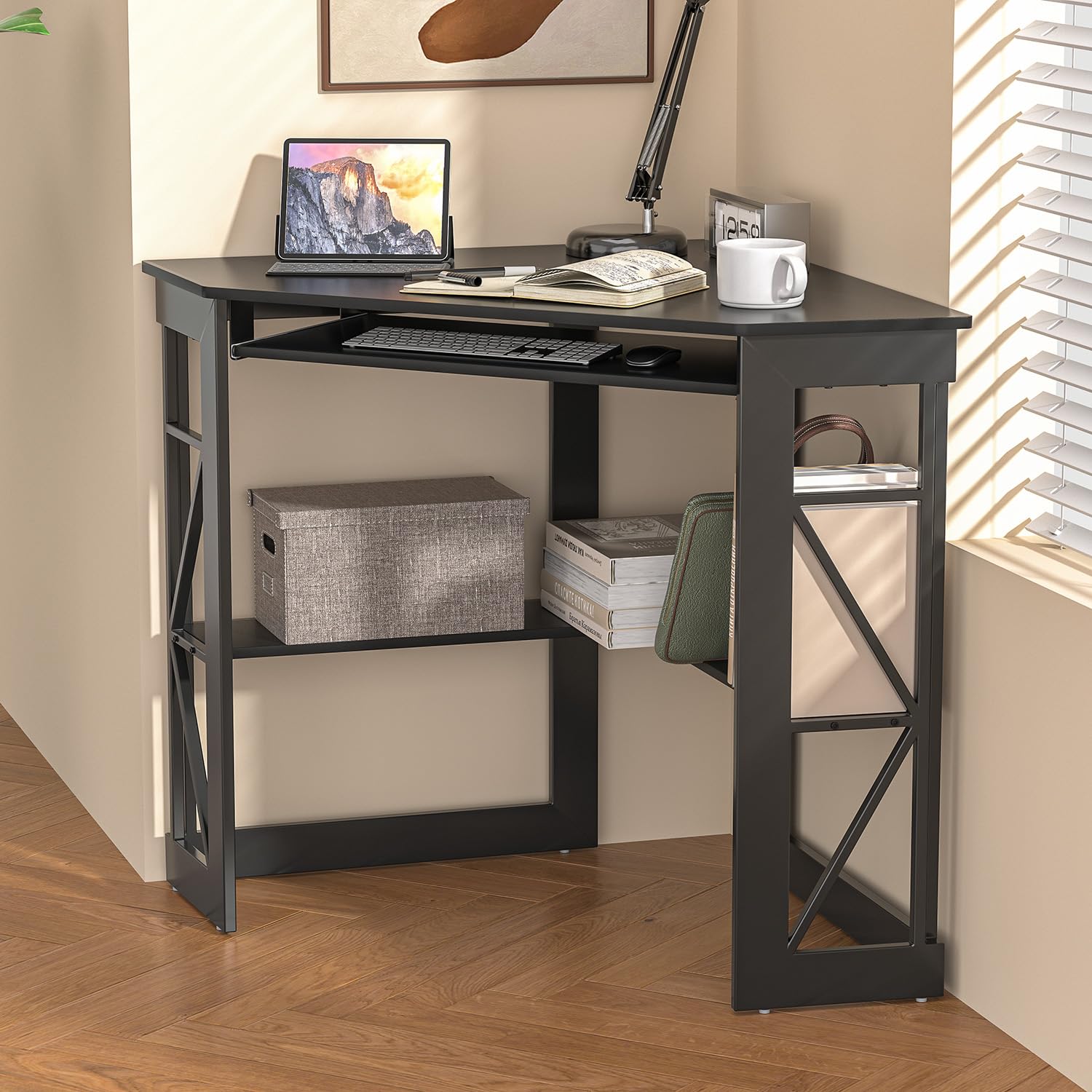 VECELO Compact Corner Desk with Keyboard Tray & Storage Shelves - Black Triangle Computer Desk for Home Office, Gaming & Small Spaces | Writing Table with Smooth Surface & Ergonomic Design