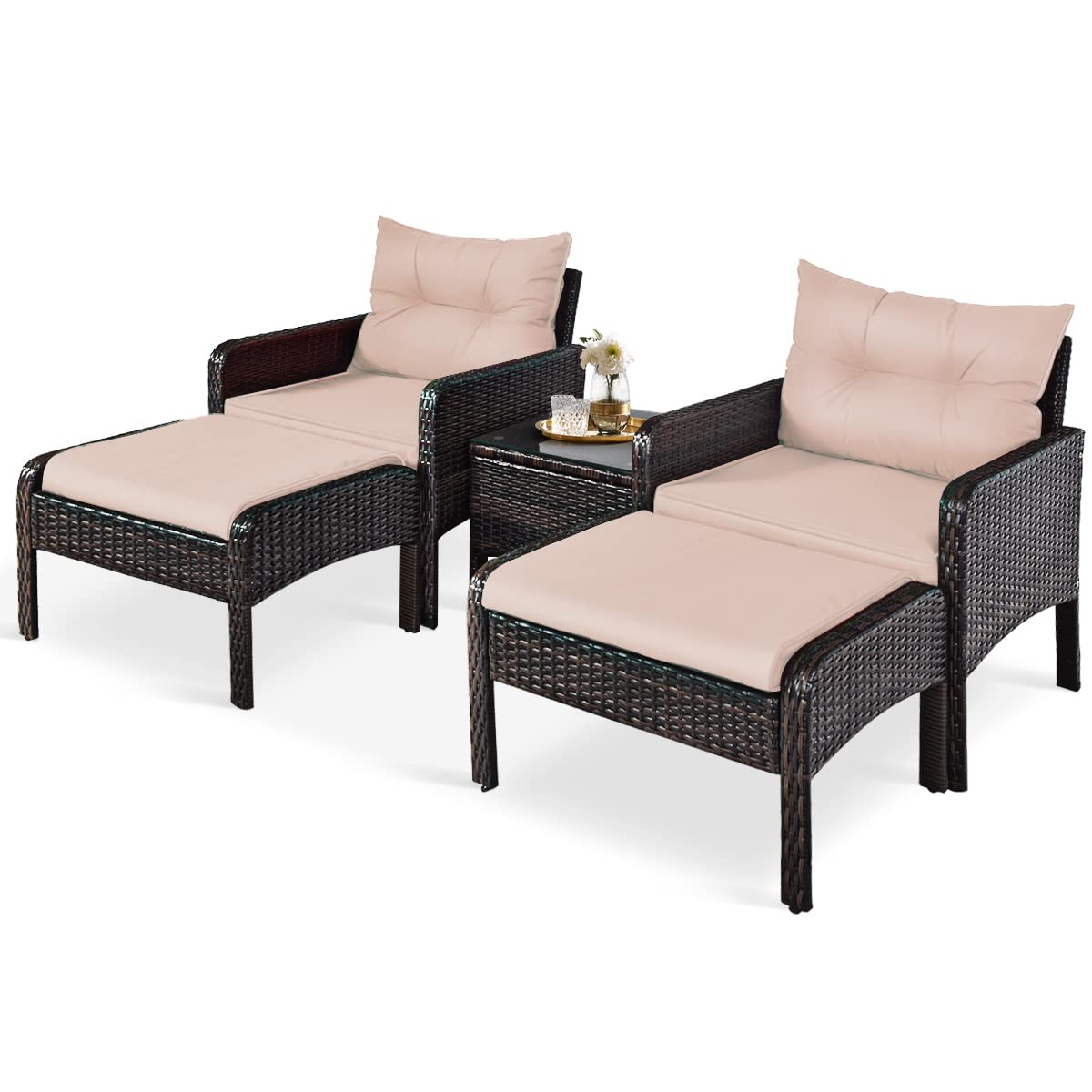 HappyGrill 5-Piece Outdoor Patio Furniture Set - All-Weather Rattan Wicker Conversation Set with Coffee Table, Cushioned Sofas & Ottoman - Perfect for Garden, Backyard, Poolside & Patio Relaxation