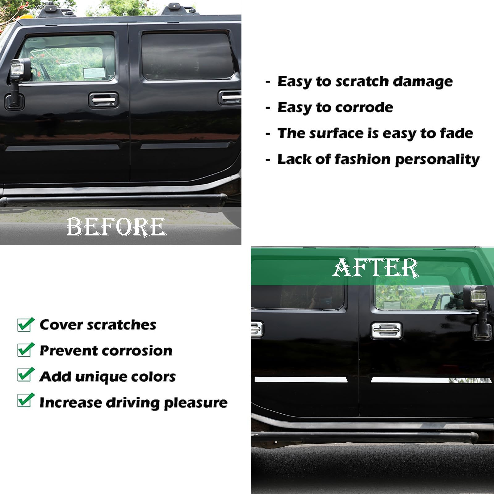 Hummer H2 2003-2009 Stainless Steel Body Side Molding Trim Kit - Door Protector & Scratch Guard for Off-Road Protection & Enhanced Style