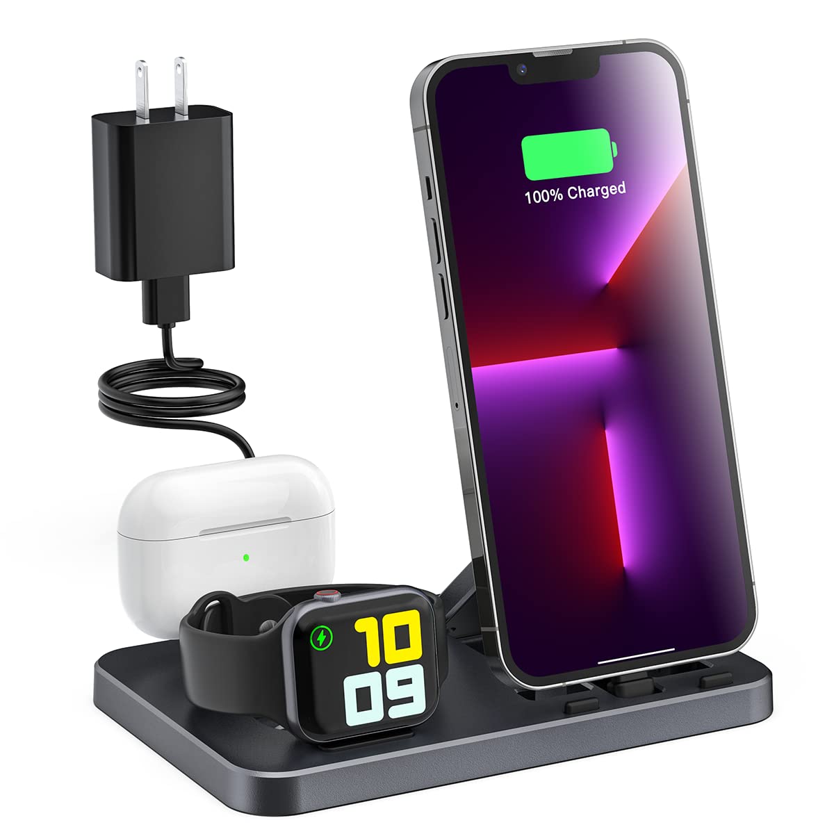 MODOCH 3-in-1 Foldable Travel Charging Station for iPhone, AirPods & Apple Watch - Portable Charging Dock with Adapter (Gray) | Perfect for Home, Office & Travel Use