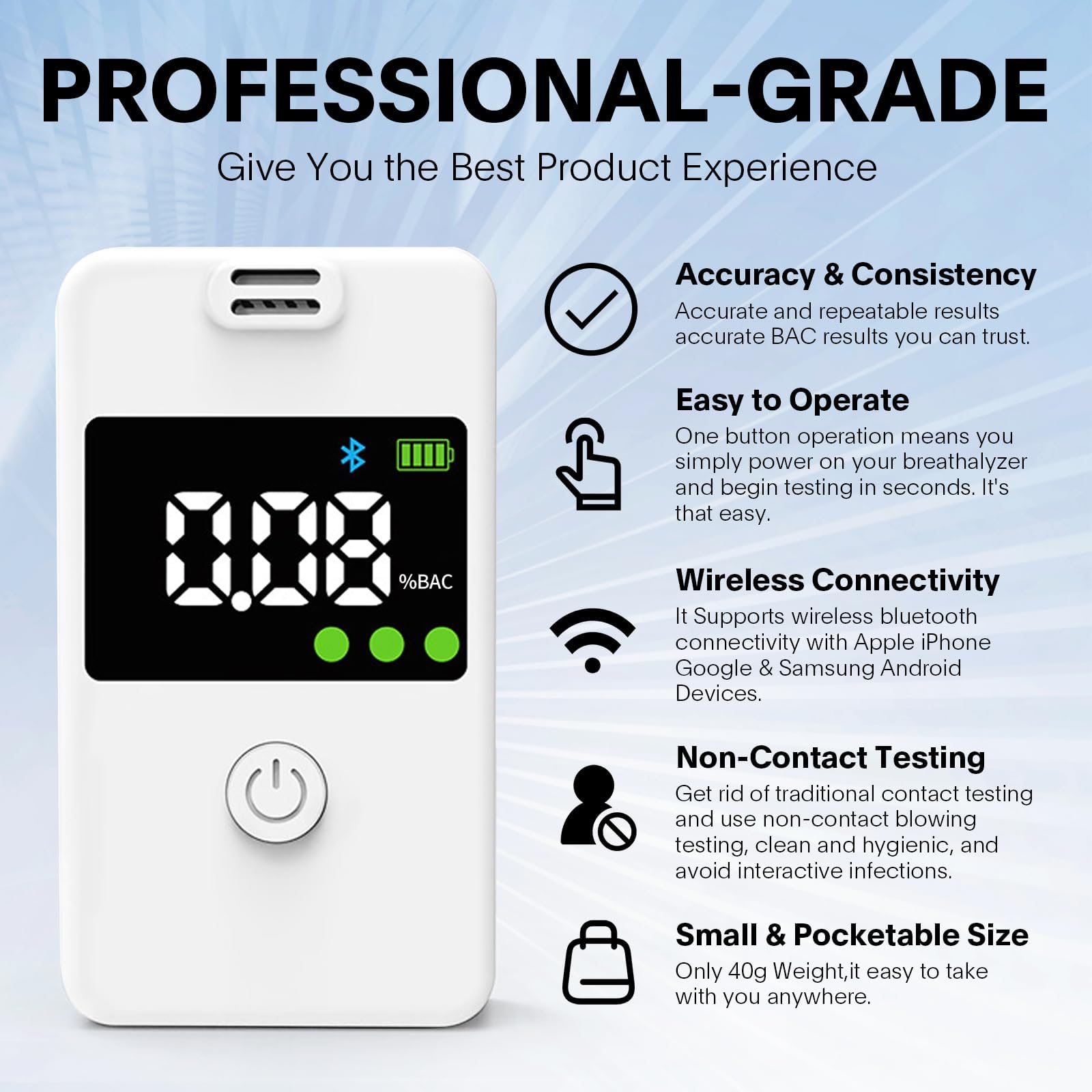 Professional Portable Breathalyzer Tester with High Accuracy & Memory Function - Personal Alcohol Detector for Home, Party, Workplace & Road Safety (White)