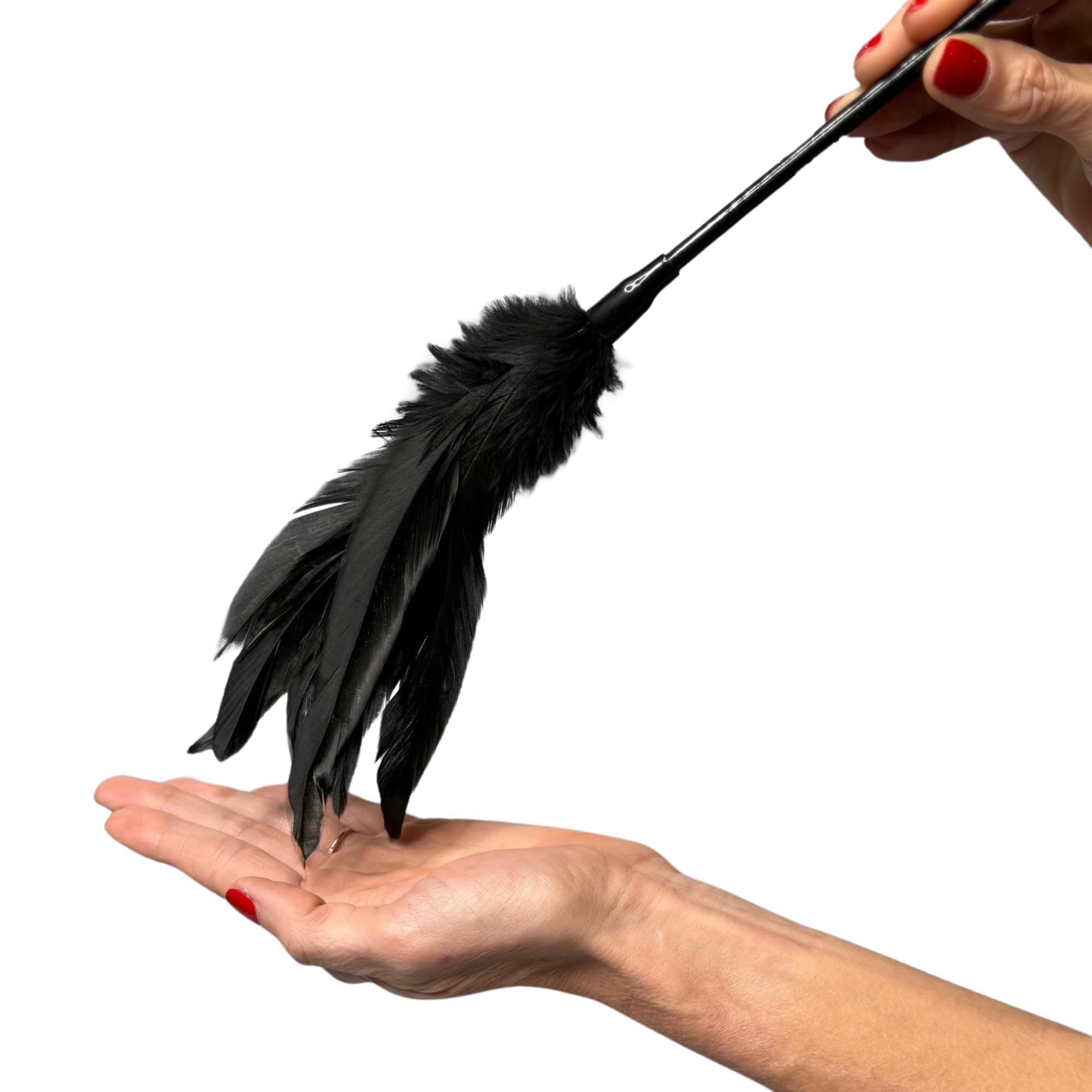 Black Faux Leather & Feather BDSM Tickler Crop - Sensual Sensory Whip for Adults, Couples Play, Spanking, Roleplay & BDSM Accessories - Perfect for Bedroom, Dungeon & Sensual Massage