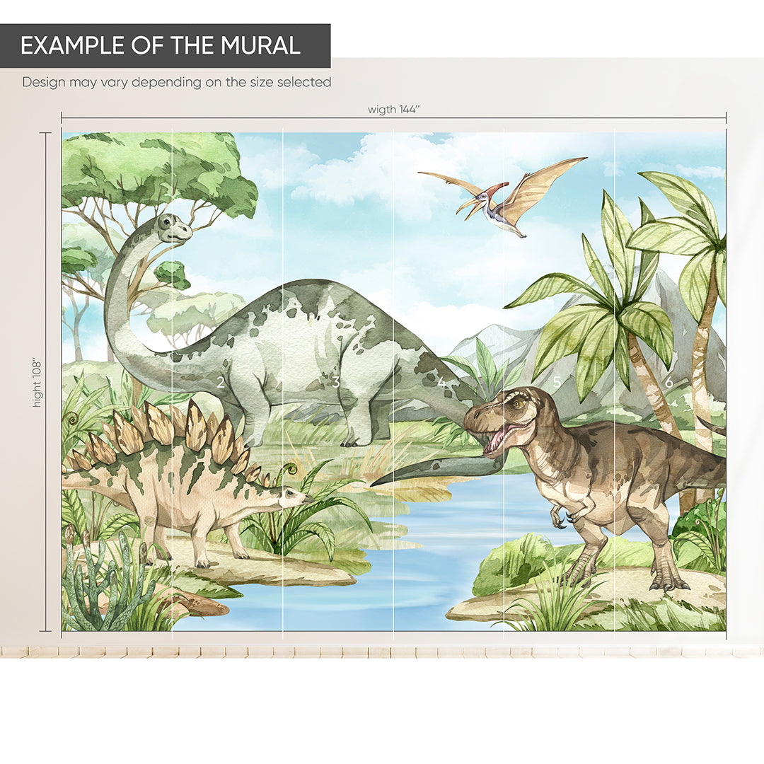 Dinosaurs & River Wall Mural CCM095 - Premium Peel and Stick Wallpaper for Kids Room, Nursery, Playroom Decoration | Easy to Install & Removable