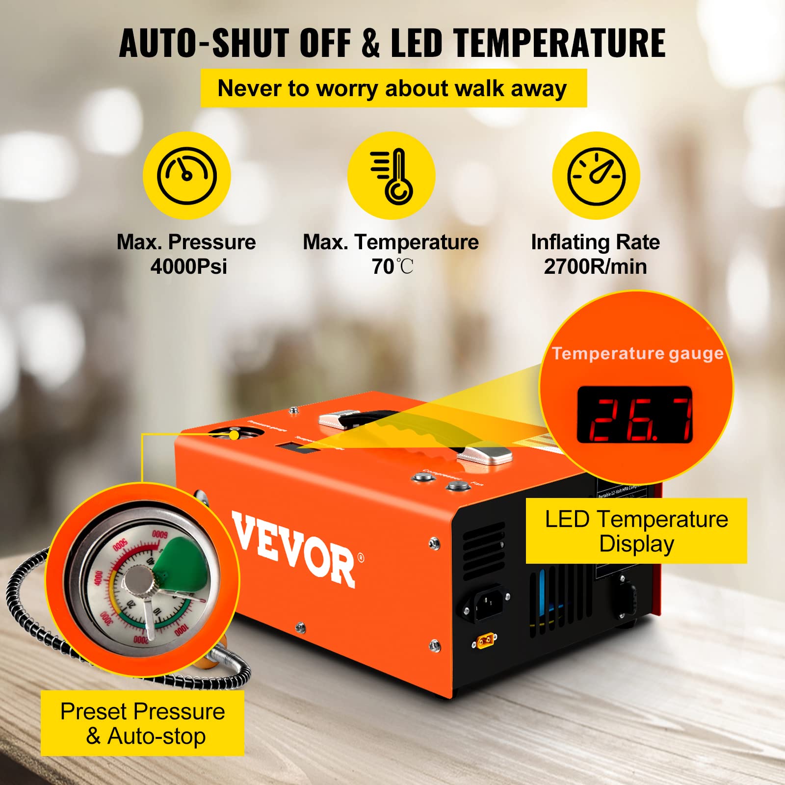 VEVOR 4500PSI PCP Air Compressor, Portable 12V DC/110V-220V AC Airgun Compressor with Auto-Stop, Built-in Adapter & Fan Cooling - Ideal for Paintball, Air Rifles, Scuba Tanks & Mini Diving Bottles | Perfect for Hunting, Shooting Sports & Outdoor Adventures