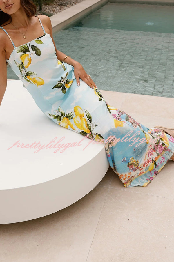 Elegant Summer Lemon Print Suspender Back Lace Up Maxi Dress for Women - Perfect for Beach Vacations, Garden Parties & Summer Weddings