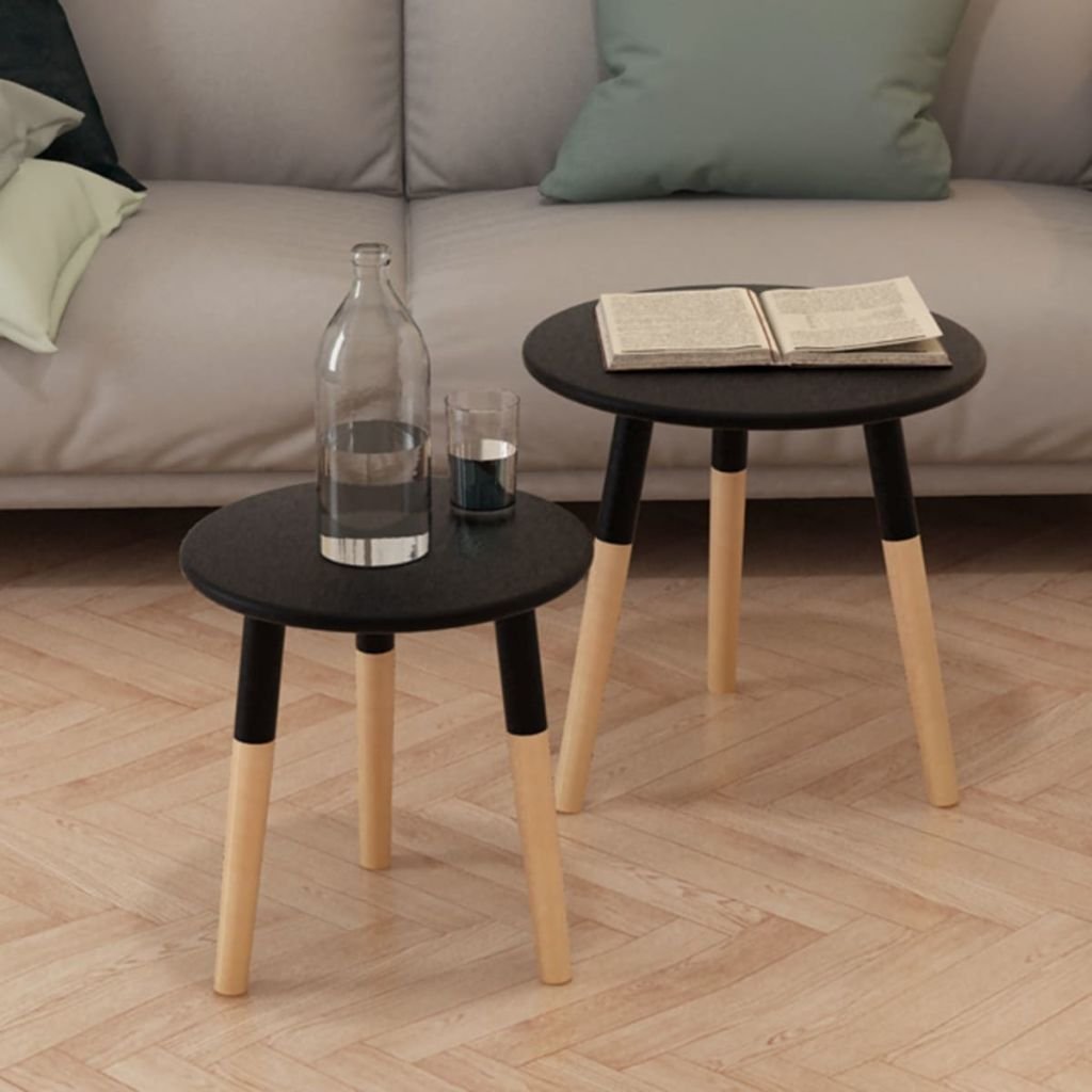 2-Piece Solid Pinewood Black Side Table Set for Bedroom & Small Spaces - Perfect for Nightstands, Living Room Accent, or Office Decor