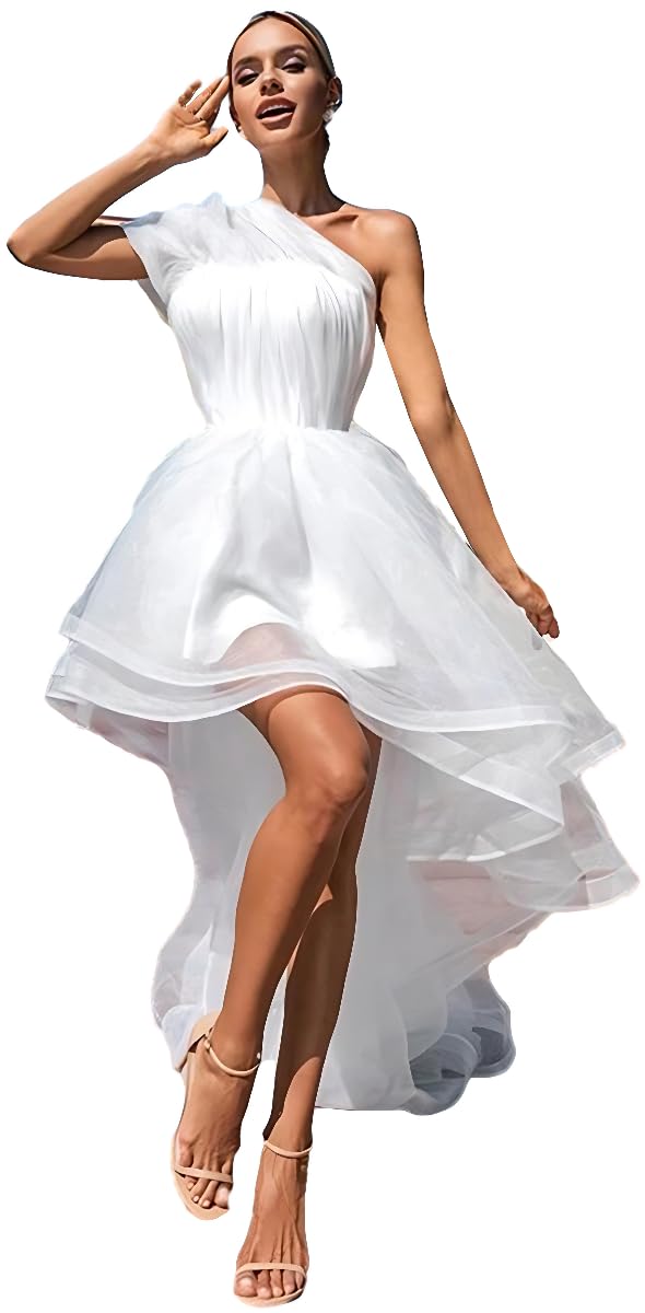 Elegant One Shoulder High Low Wedding Dress for Bride - Organza Pleated Puffy Short Bridal Gown | Perfect for Beach Weddings, Garden Ceremonies & Romantic Photoshoots
