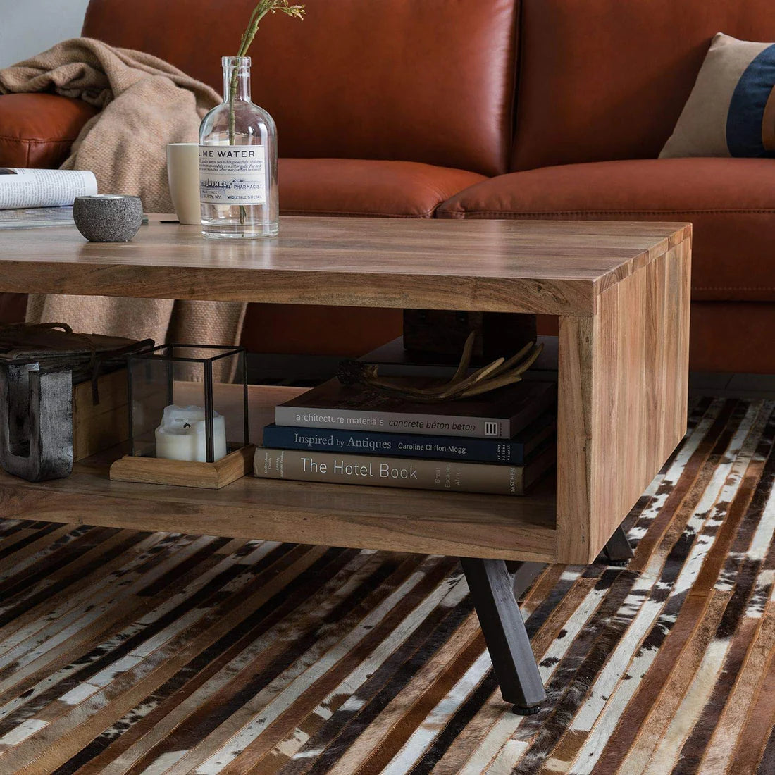 Gfine Solid Acacia Wood & Iron Coffee Table 86x45x45cm - Modern Living Room Furniture for Home & Office Decor