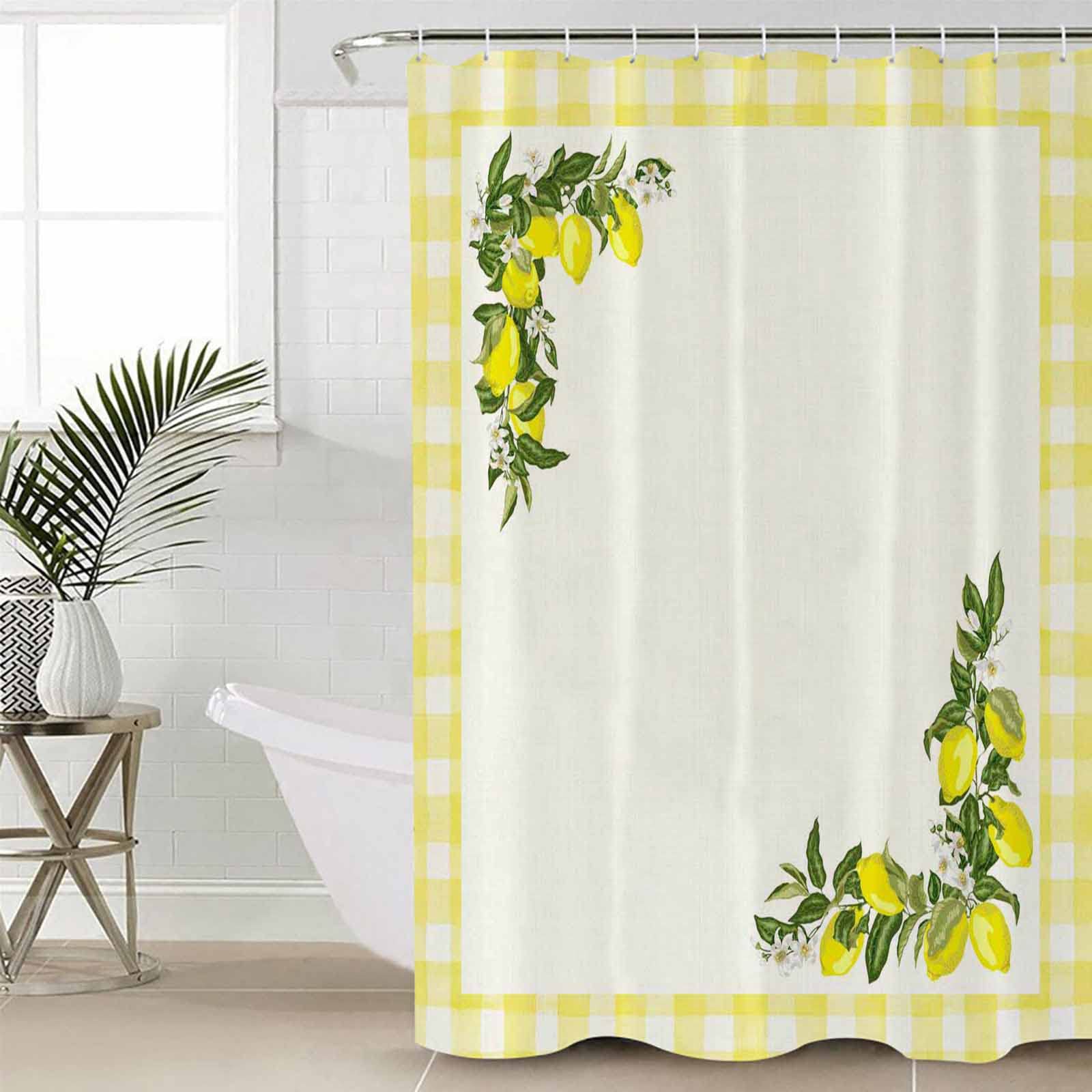 ZOE GARDEN Summer Yellow Plaid Shower Curtain Set with Hooks - 54x78 Inch Waterproof Polyester Bathroom Decor - Lemon Floral Watercolor Design for Spring & Summer Bathroom Refresh
