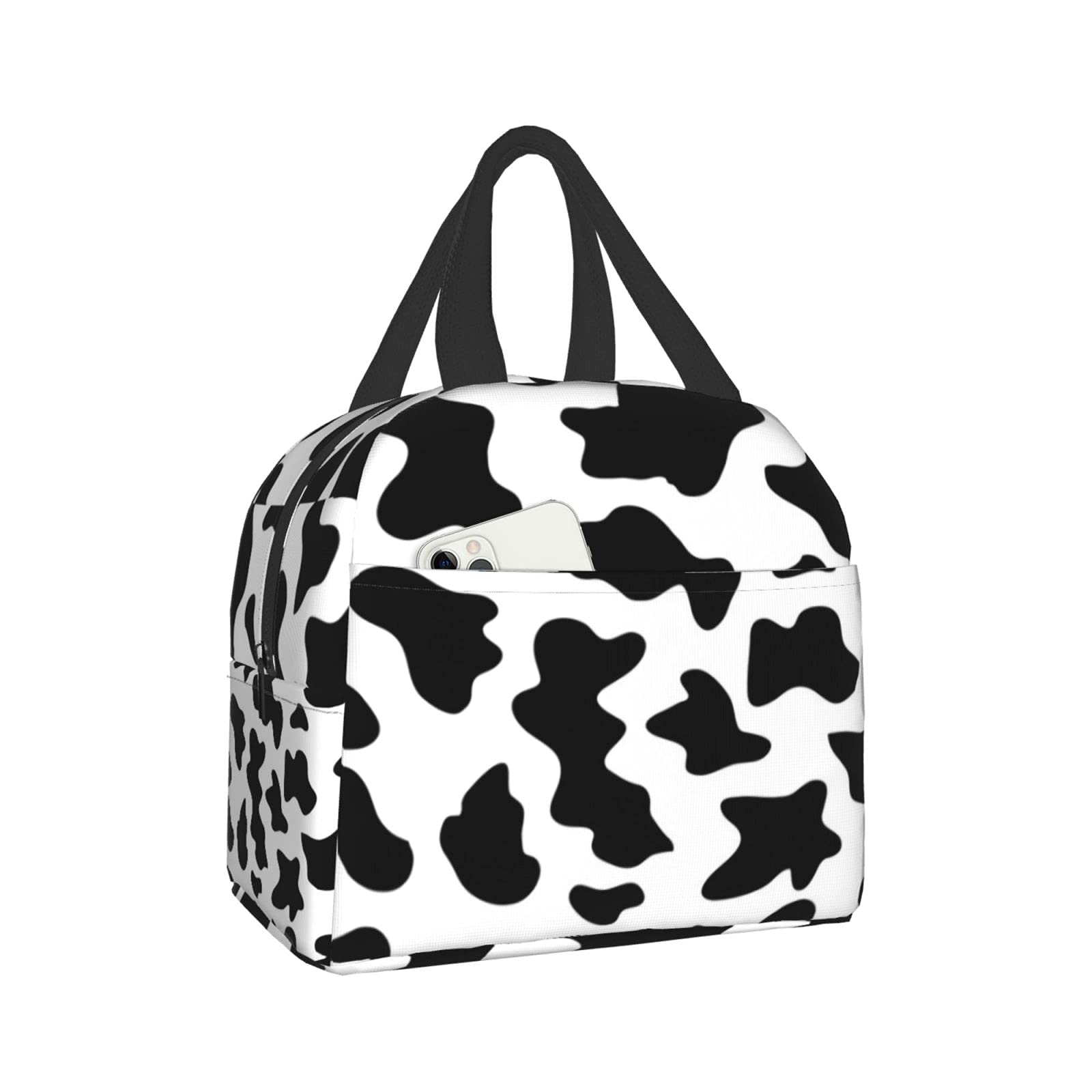 Insulated Reusable Lunch Bag for Women & Men - Cooler Lunch Tote with Front Pocket for Office, Work, Picnic & Travel - Stylish Black Cow Print Design