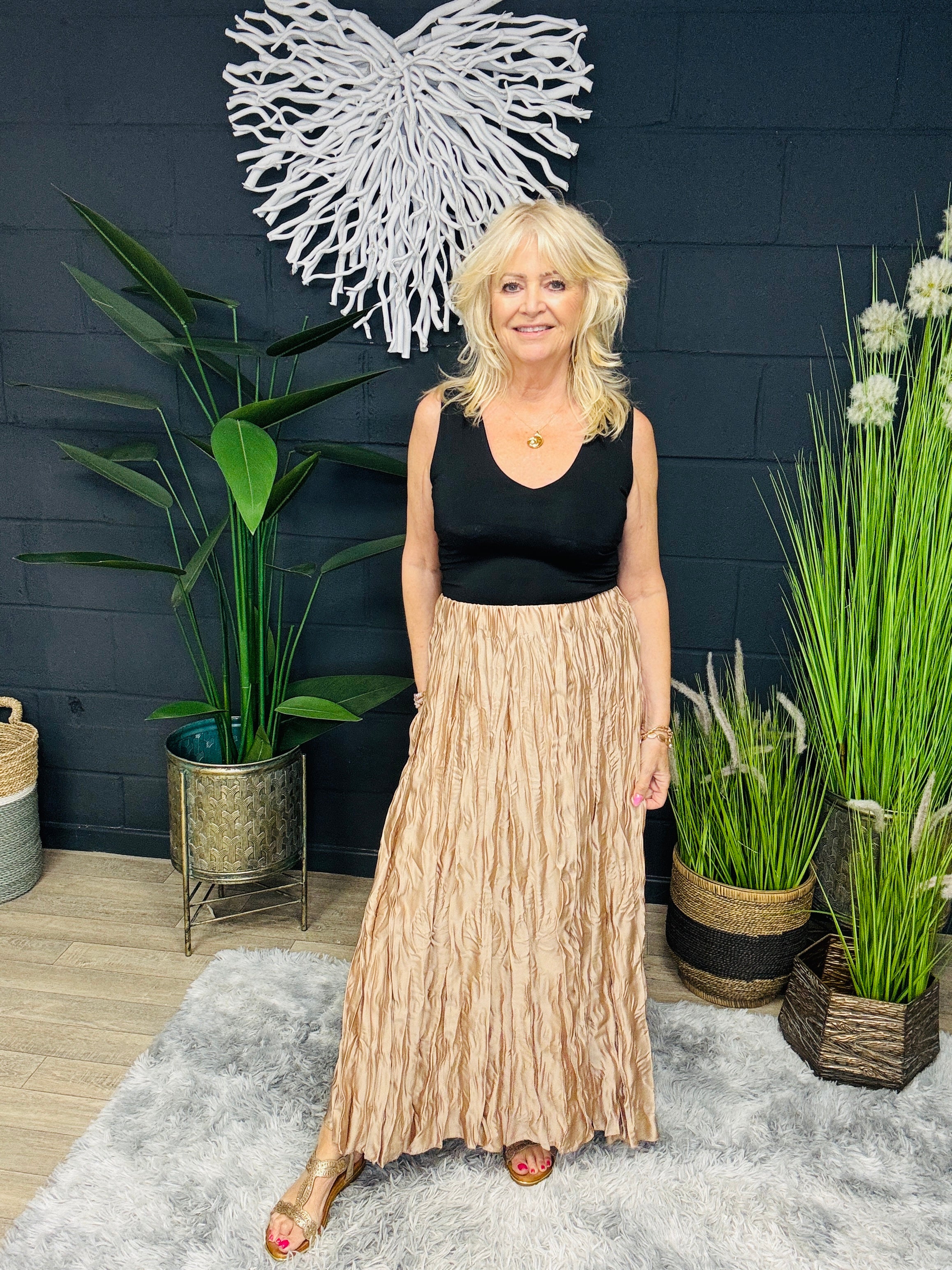 Light Gold Crinkle Maxi Skirt for Women - Elegant Boho Beach Skirt for Summer, Vacation & Casual Outfits