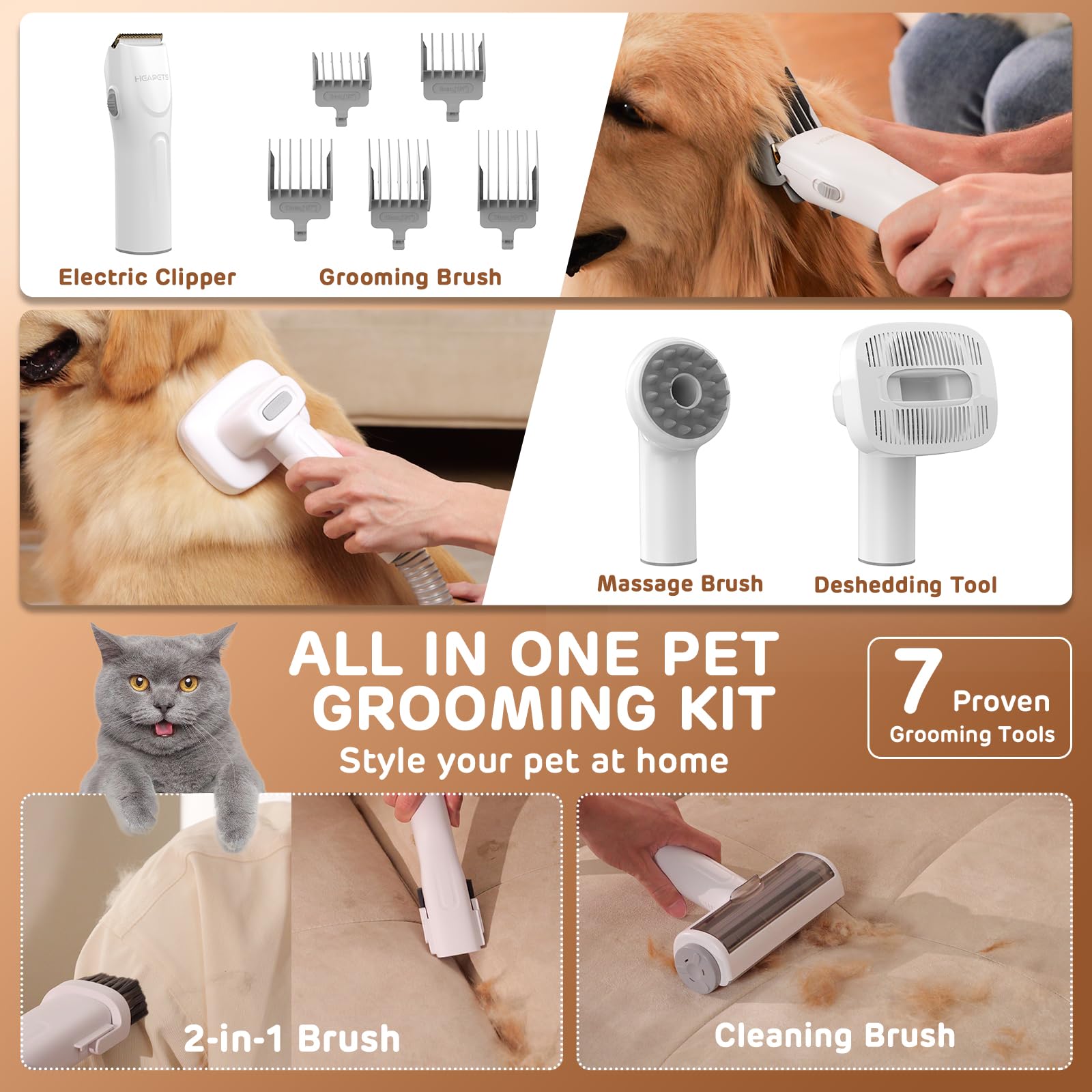 Dog Grooming Vacuum Kit - 3L Pet Hair Vacuum with 7 Attachments, Low Noise Electric Clipper & Brush for Home Pet Grooming, Shedding Control - Perfect for Regular Coat Maintenance & Allergy Reduction at Home