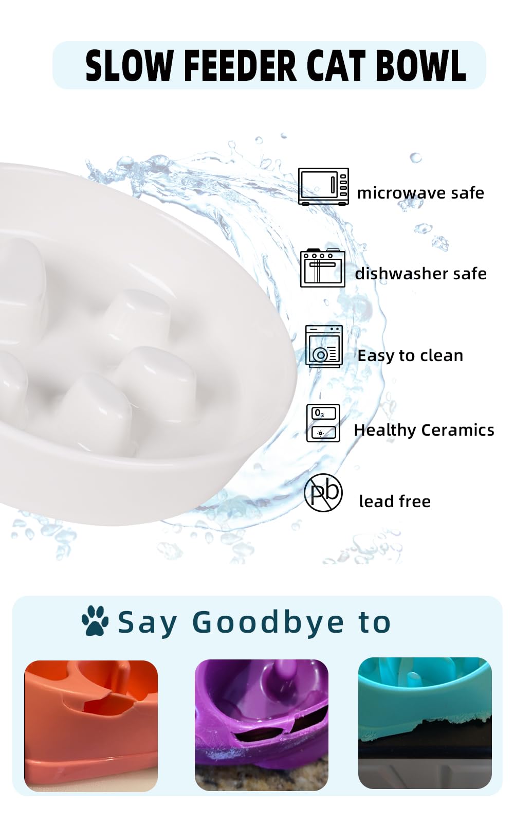 Ceramic Slow Feeder Cat Bowl - Fun Interactive Puzzle Food Dish for Fast Eaters - White Pet Feeding Bowl for Kittens & Adult Cats - Perfect for Portion Control and Preventing Bloat During Mealtime