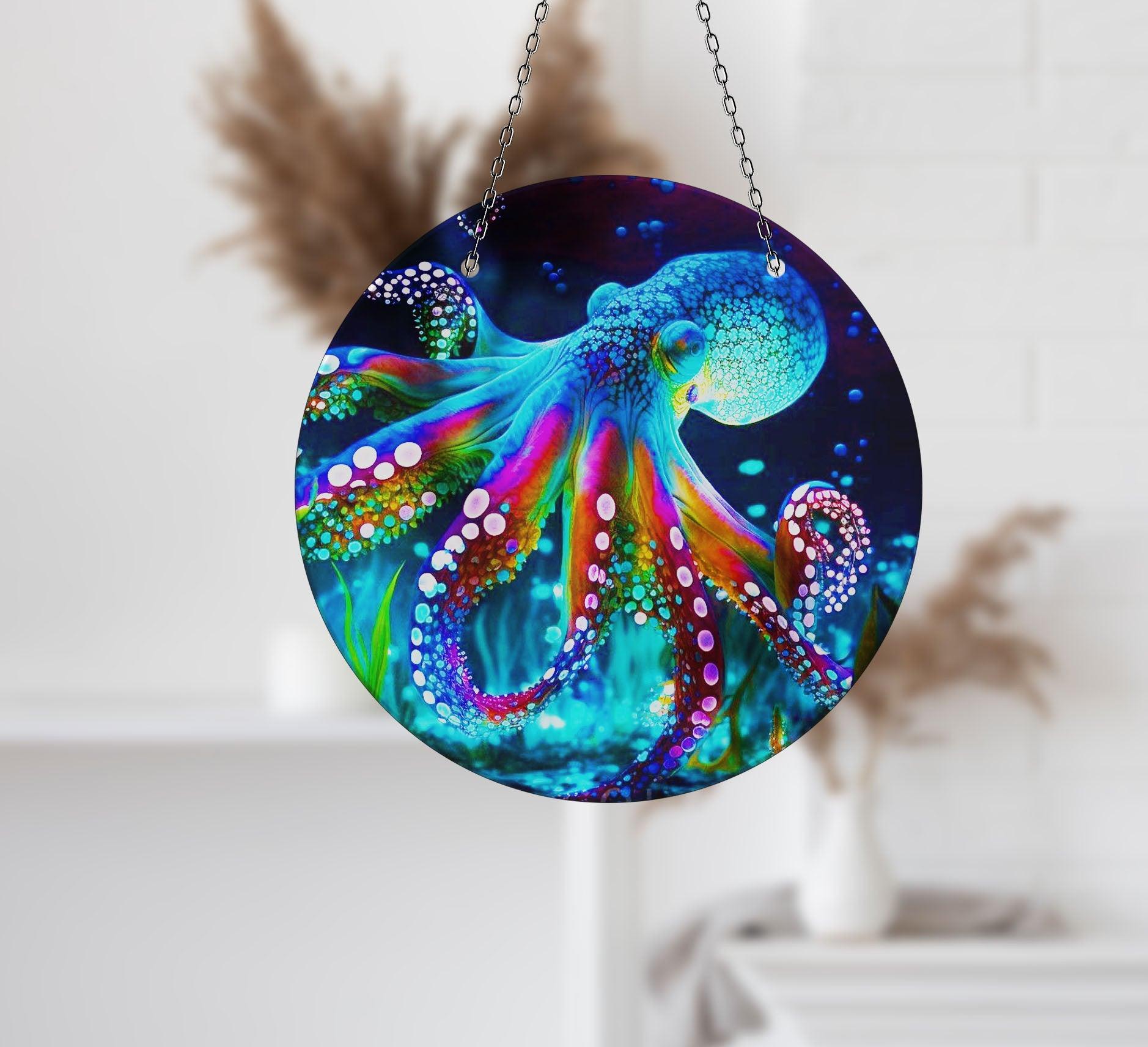 Blue Octopus Suncatcher - Handmade Glass Window Decor for Home & Garden - Perfect for Living Room, Bedroom, Nursery & Office Decor