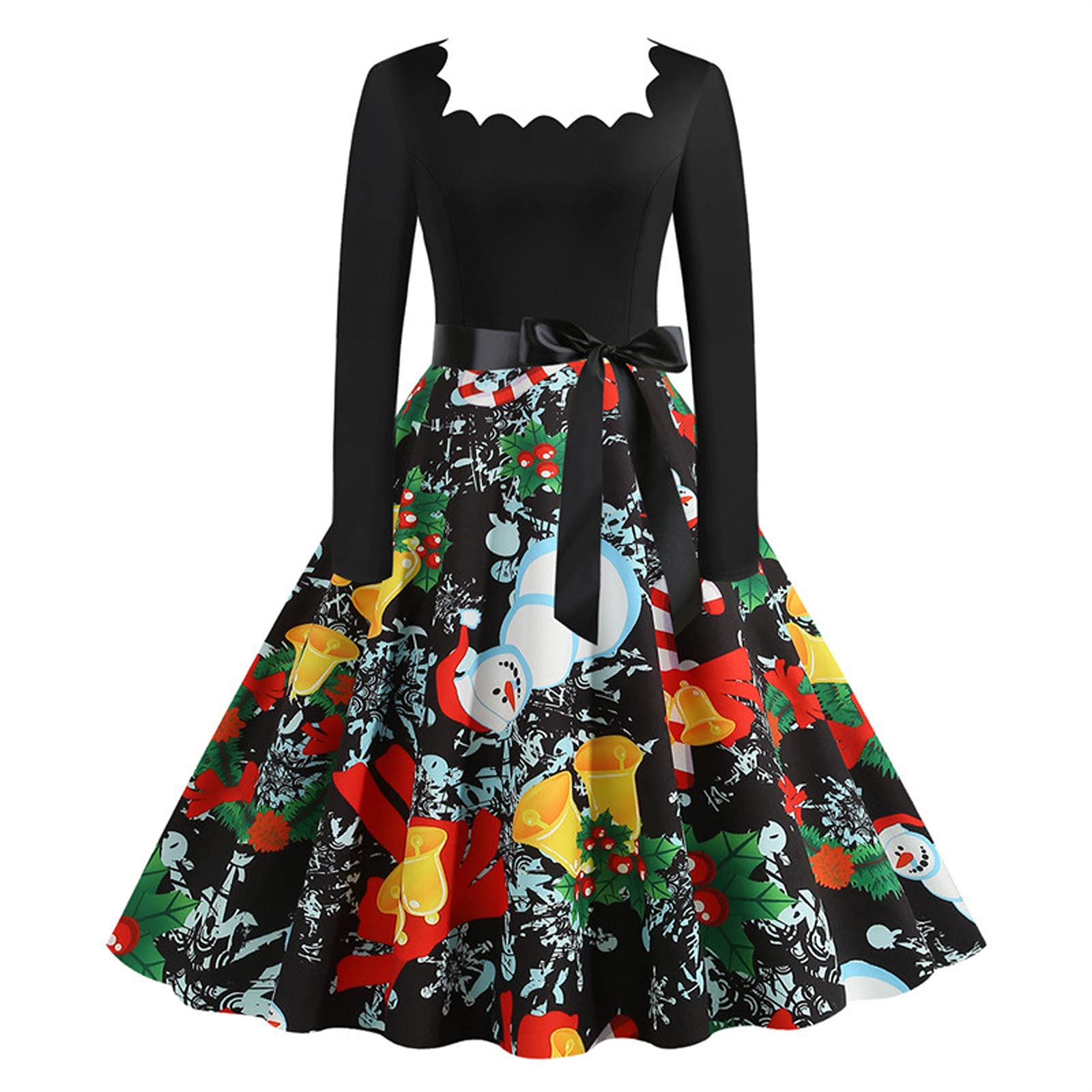Vintage Plus Size Christmas Maxi Dress for Women - Patchwork Rockabilly Party Dress with Bow | Holiday, Christmas Party & Special Occasion Outfit