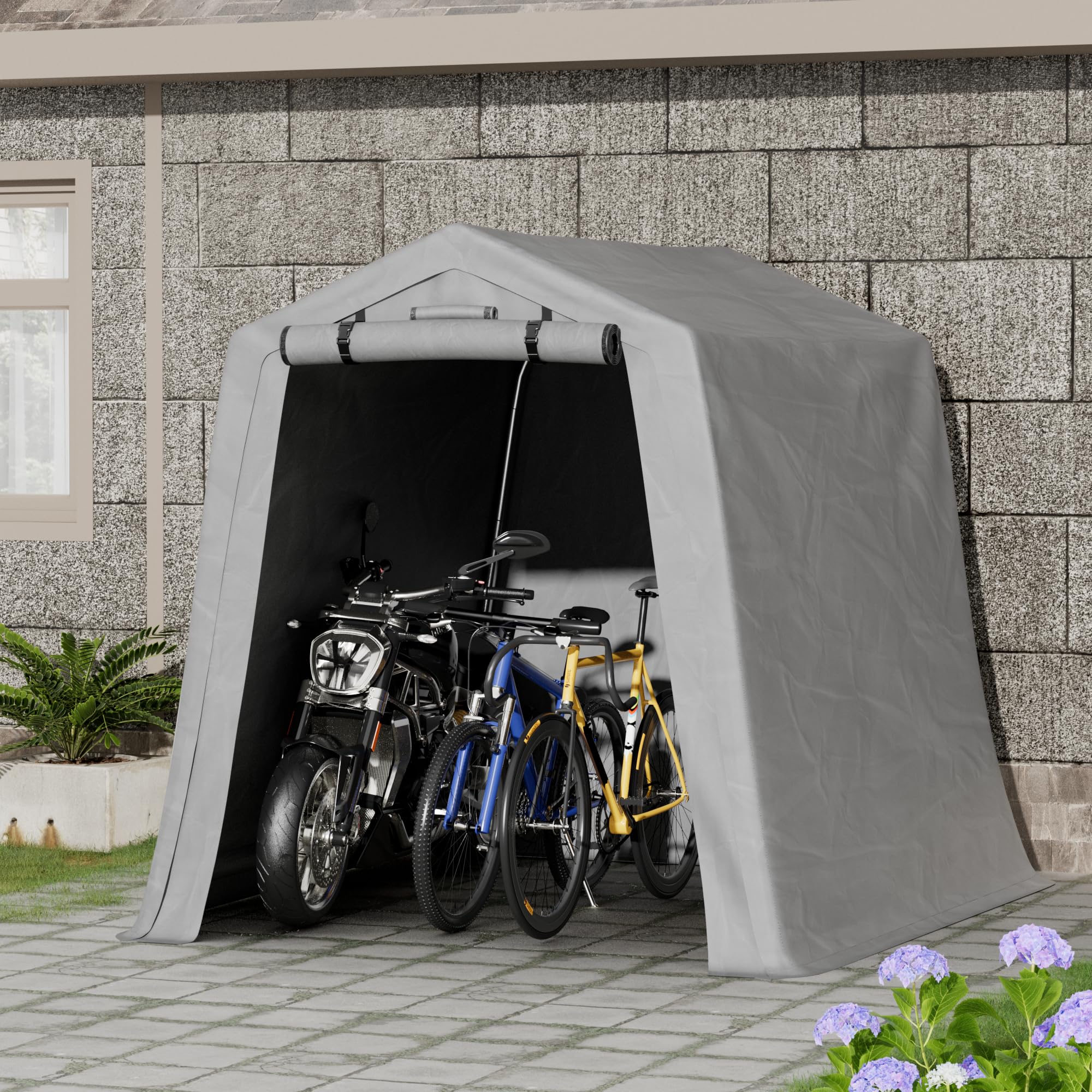 Greesum 6x6 ft Heavy Duty Waterproof Outdoor Storage Shed Canopy - Portable Shelter with Roll-up Zipper Door for Bike, Motorcycle, Garden Tools & Equipment - UV Resistant Gray Carport for Patio, Backyard & Camping Use