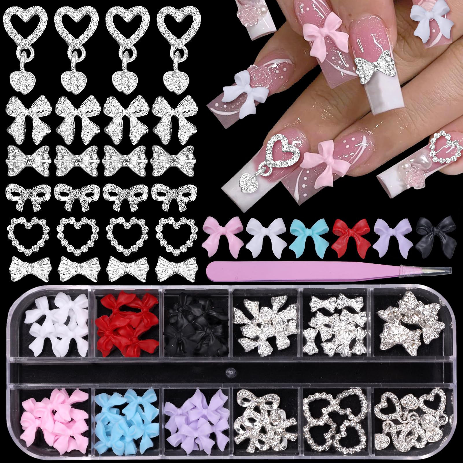 3D Bow Nail Charms - Silver Alloy Heart Dangle Gems for DIY Nail Art