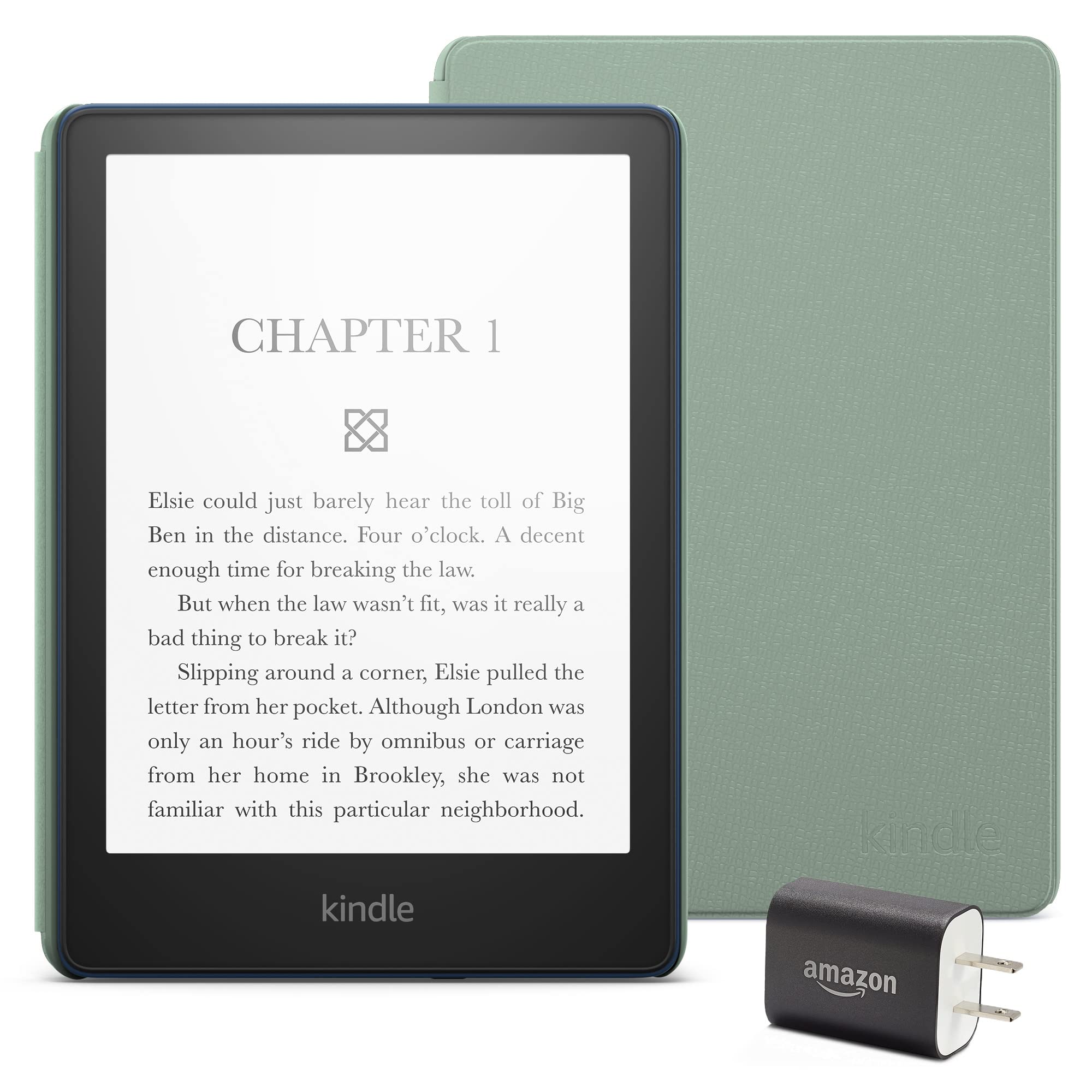 Kindle Paperwhite Essentials Bundle - 16GB E-Reader with Leather Cover (Agave Green) & Power Adapter - Perfect for Reading, Travel & Gifts